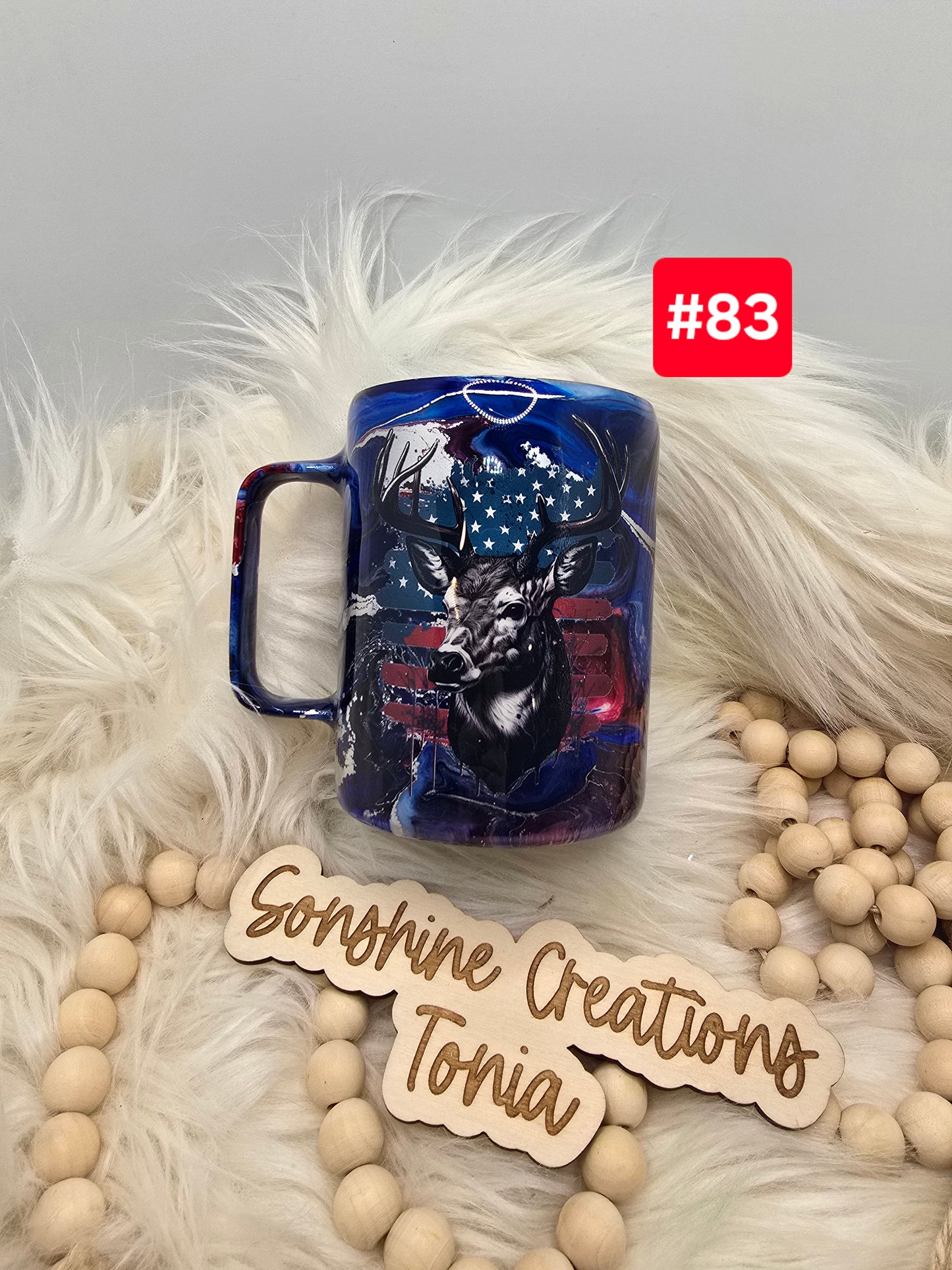 #83-Live Sale 12/07/2025 - 10oz coffee mug- Red, white blue ink swirl- Deer flag