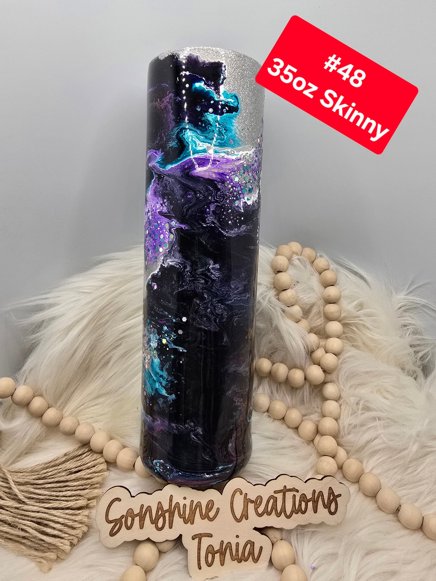 #48 Tonia's Live Creations : 35oz Skinny- Teal purple clouds- Floral skull
