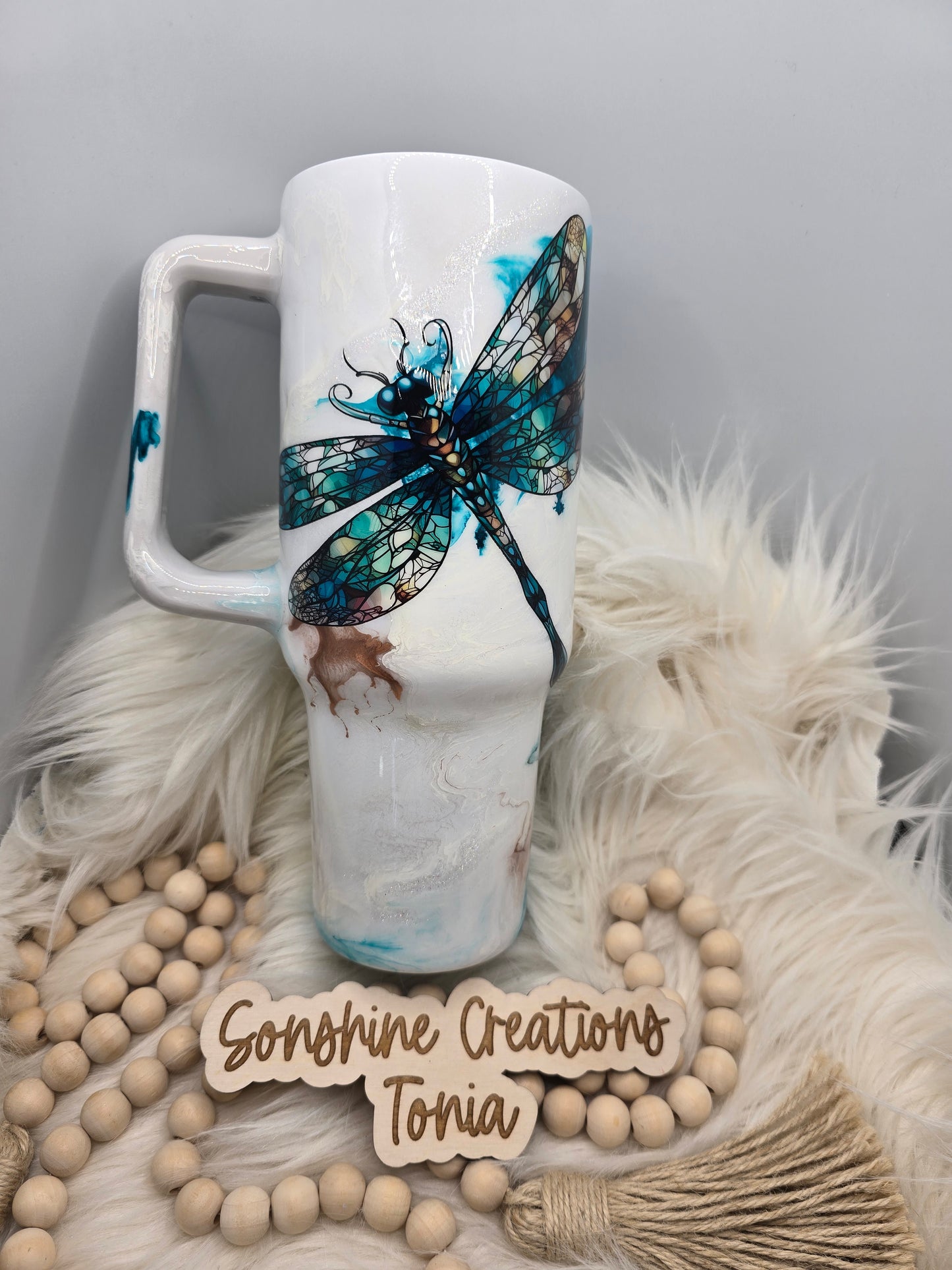 Birthday Drop 06/06/2025 -40oz Handle- Teal Copper Elegance, Stained glass Dragonfly