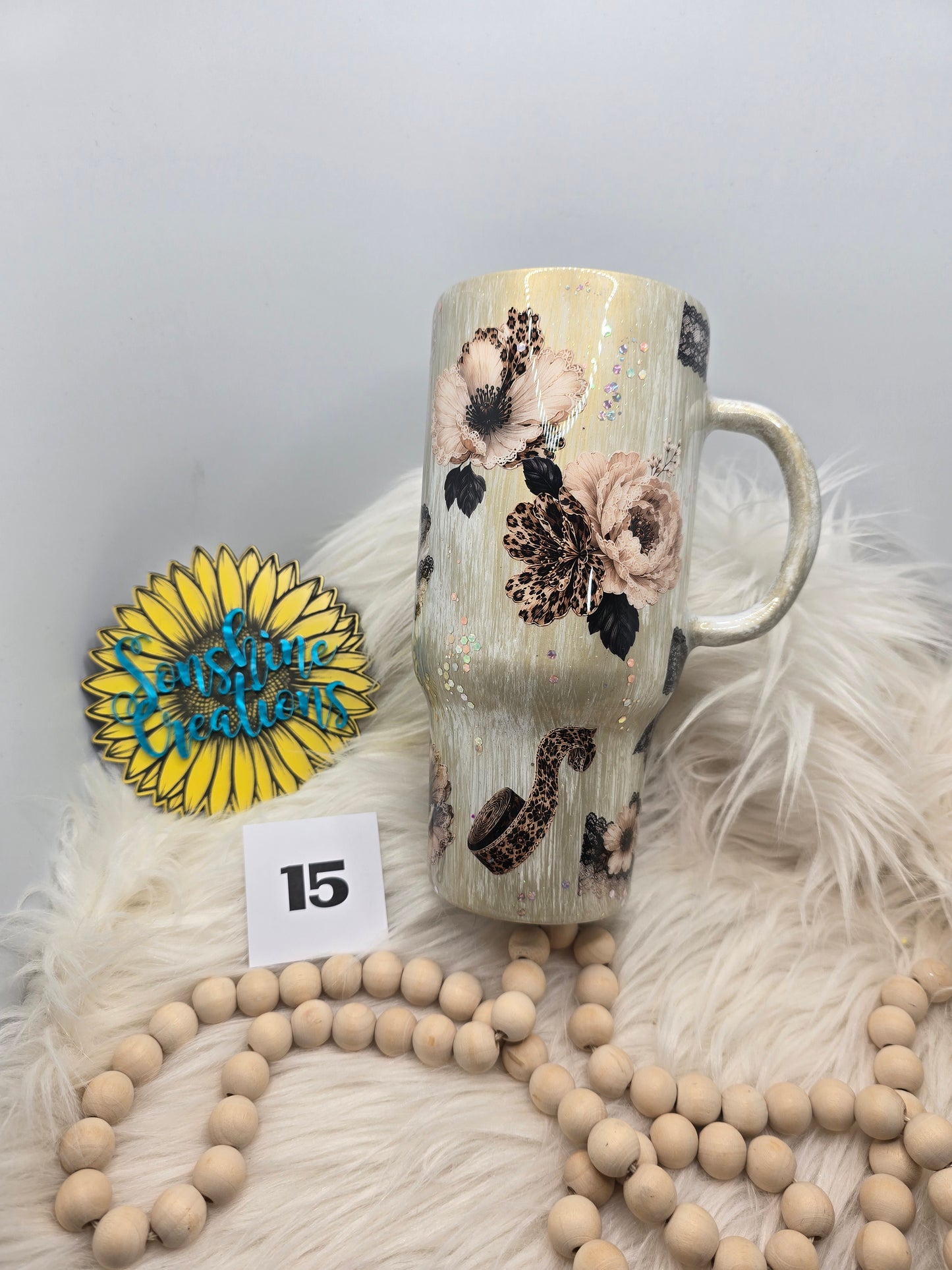 #15 - 32oz Tipsy Traveler - Gold Woodgrain with Leopard Flowers and Life Is Tough quote