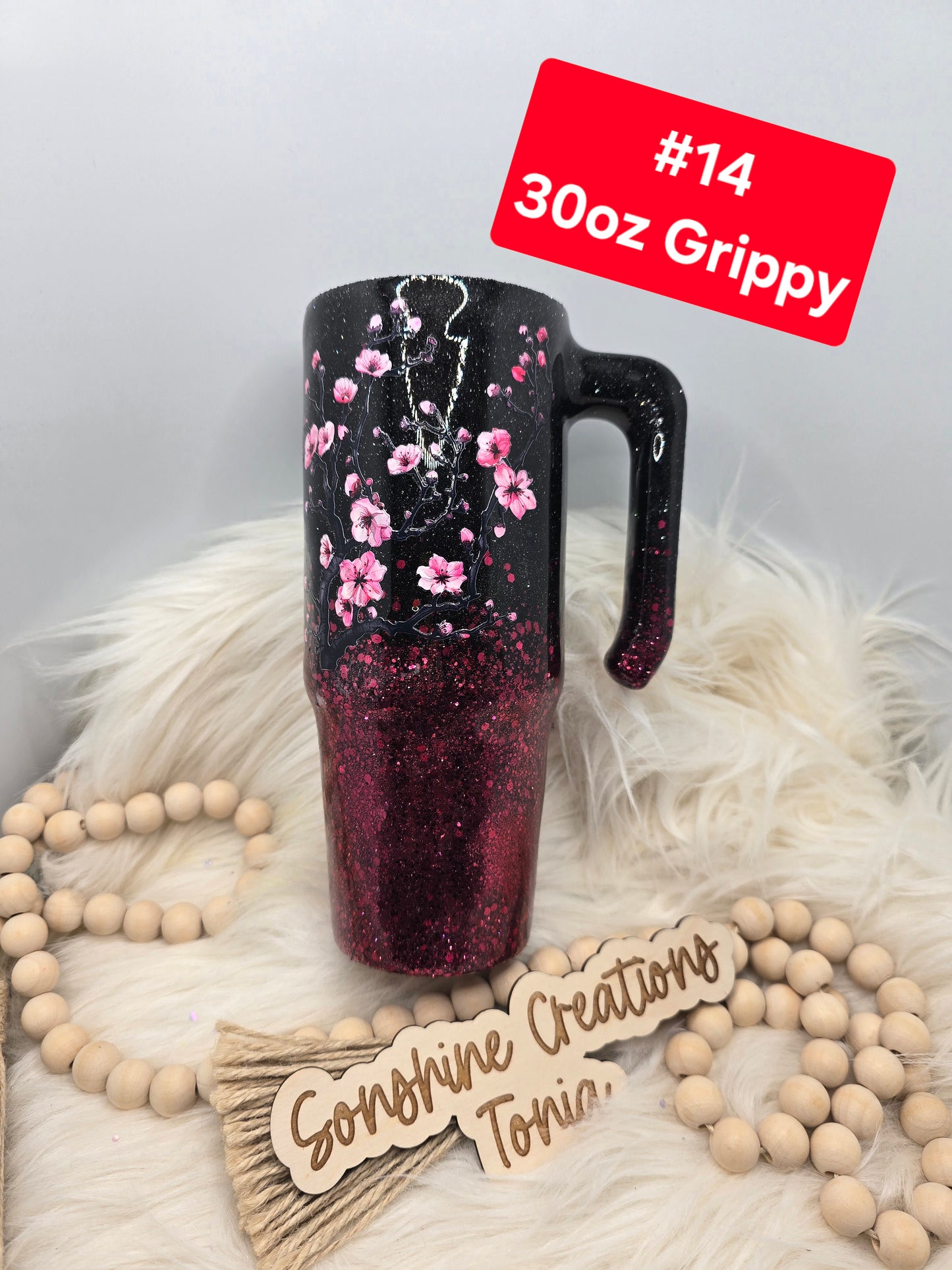 #14 Tonia's Live Creations - 30oz Grippy- Merlot ombre cherry blossoms