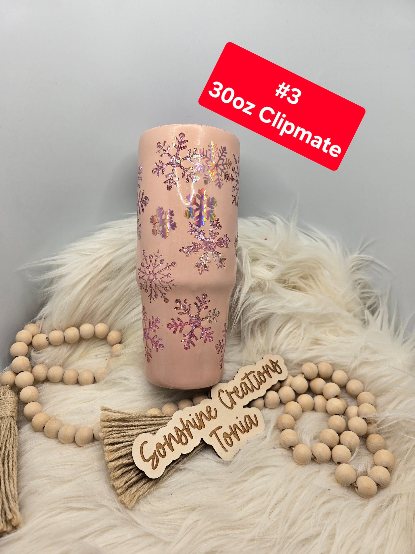 #3 Tonia's Live Creations - 30oz Clipmate- Rosey snowflakes peakaboo
