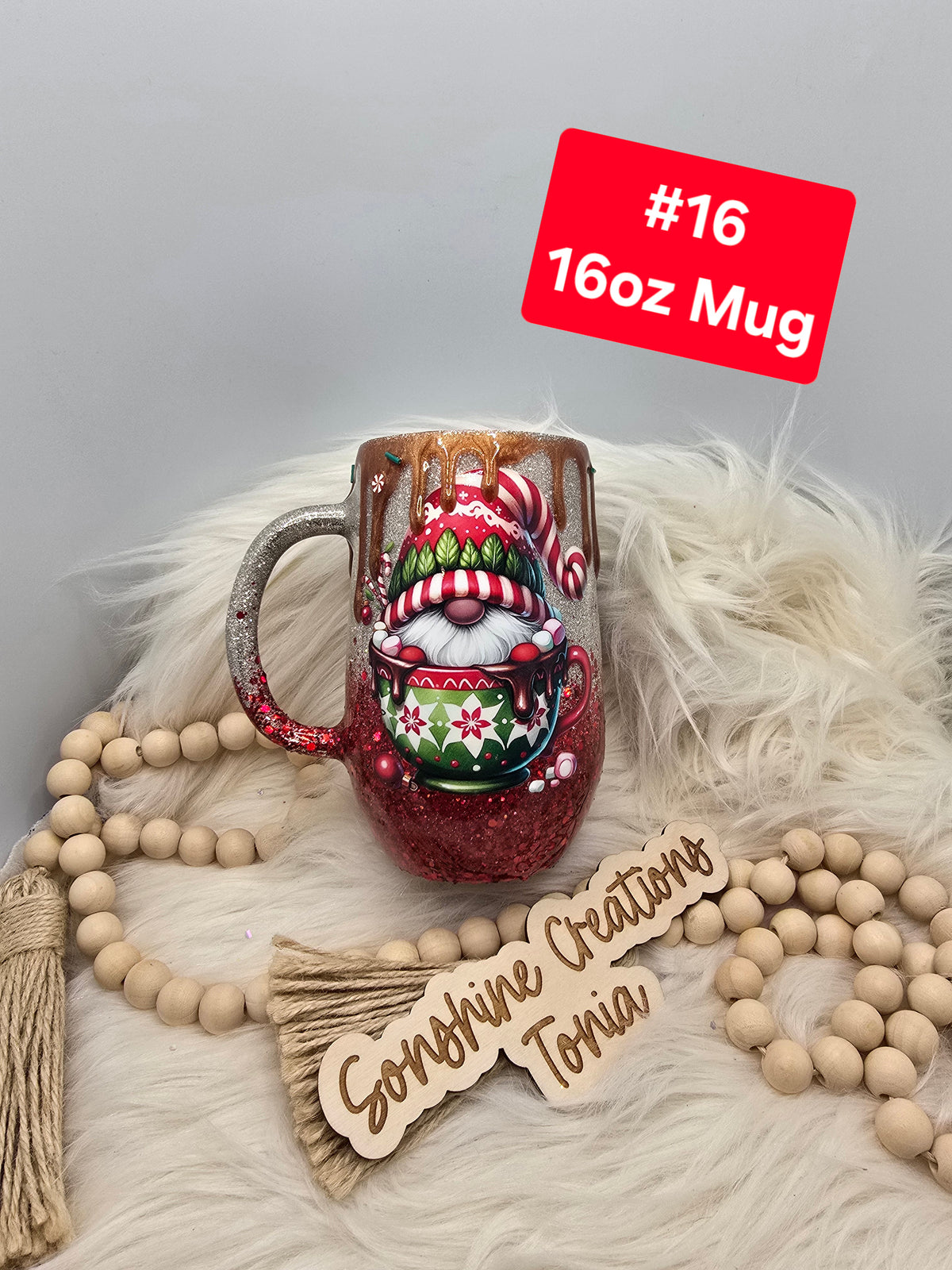 #16 Tonia's Live Creations - 16oz Mug- Green red gnome hot cocoa drip