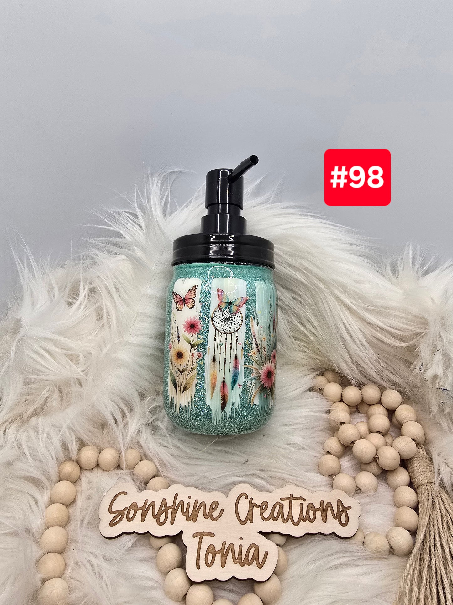 #98-Live Sale 12/07/2025 - 16oz soap dispenser- teal glitter- Floral, dreamcatcher