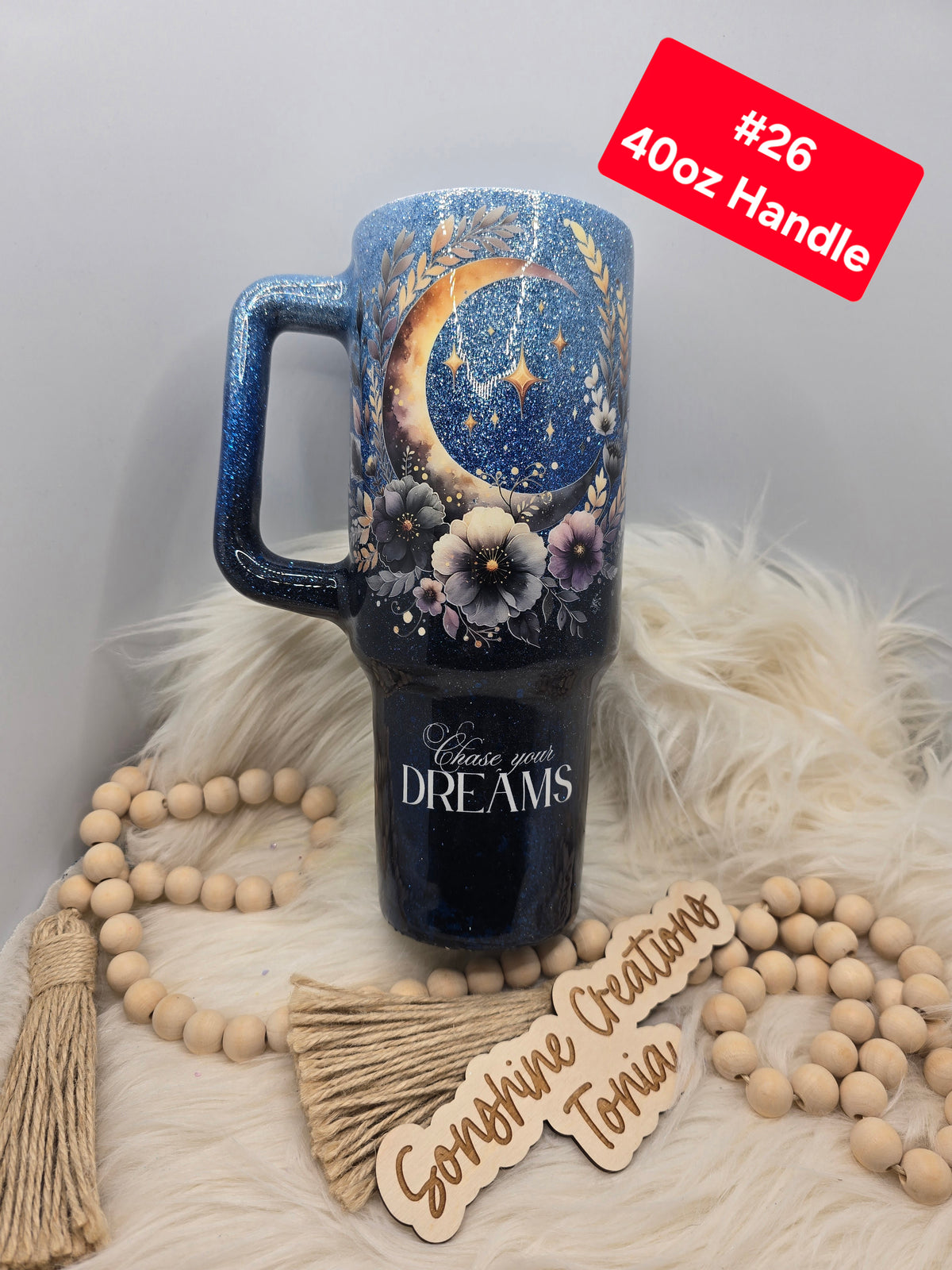 #26 Tonia's Live Creations : 40oz Handle- Blue ombre floral moon "Chase your dreams"