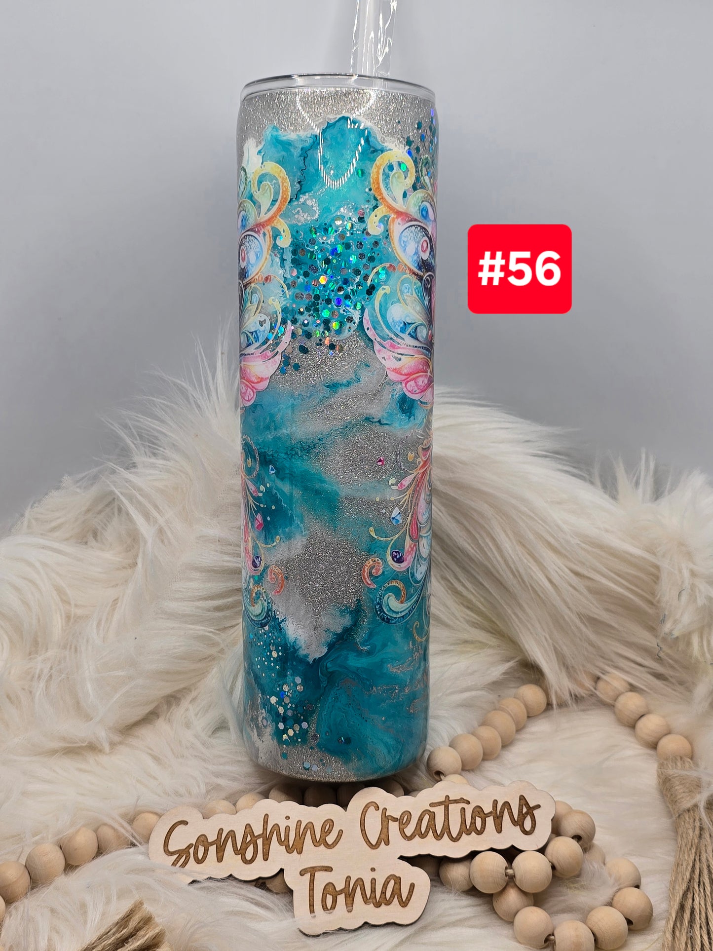 #56 Live Sale 2/01/2026 - 35oz Skinny- Teal ink swirl- rainbow butterfly