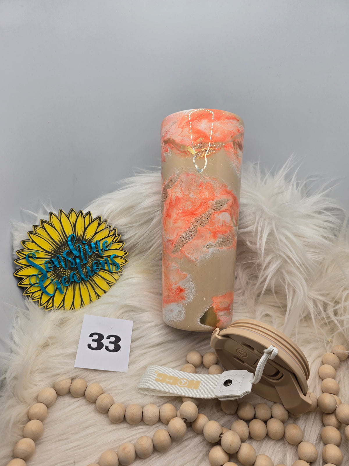 #33 - 24oz Dual Flip, tan lid - Orange Ink Swirl with Coral Fall Truck