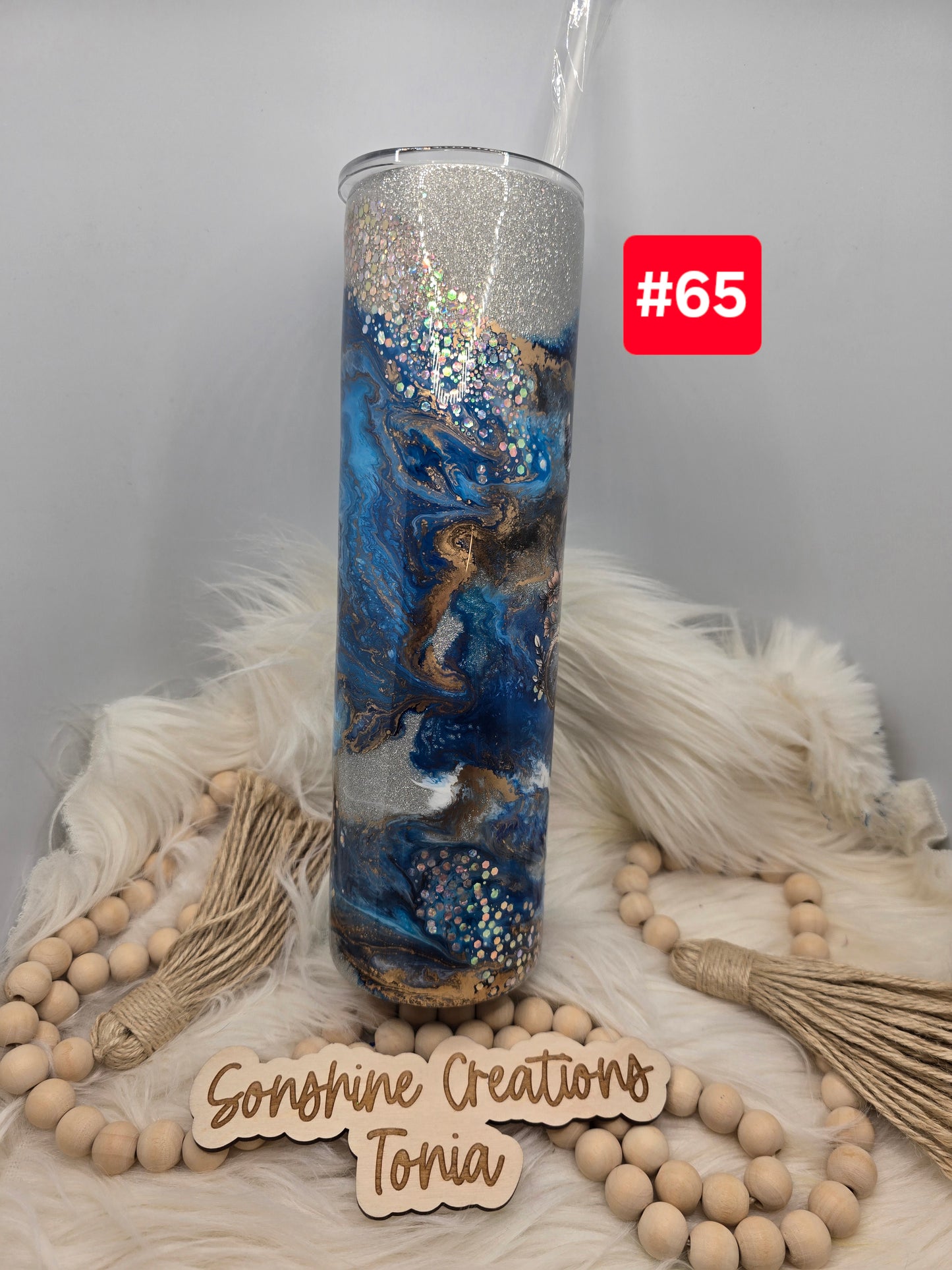 #65 Live Sale 3/15/2026 - 35oz Skinny- Blue copper swirl on silver glitter base- cow