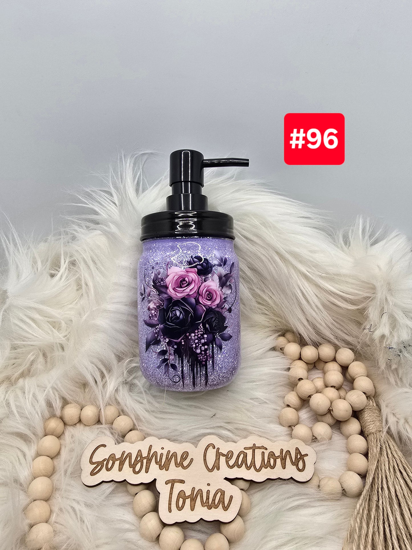 #96-Live Sale 12/07/2025 - 16oz soap dispenser- Purple glitter Purple roses