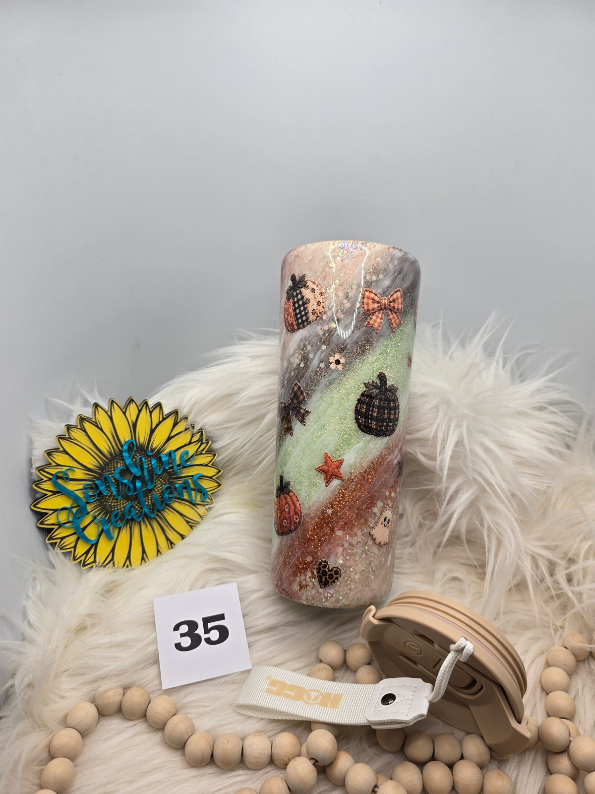 #35 - 24oz Dual Flip, tan lid - Fall Milkyway with Patchwork Ghost