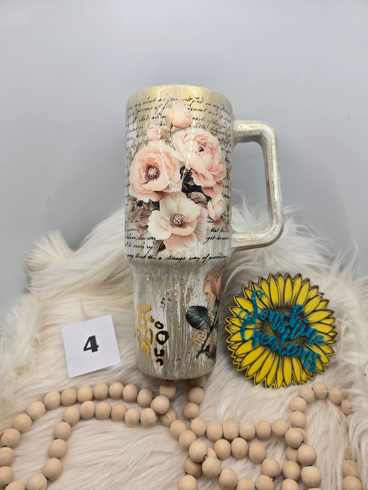 #4 - 40oz handle - Gold Woodgrain with Floral and She Is quote