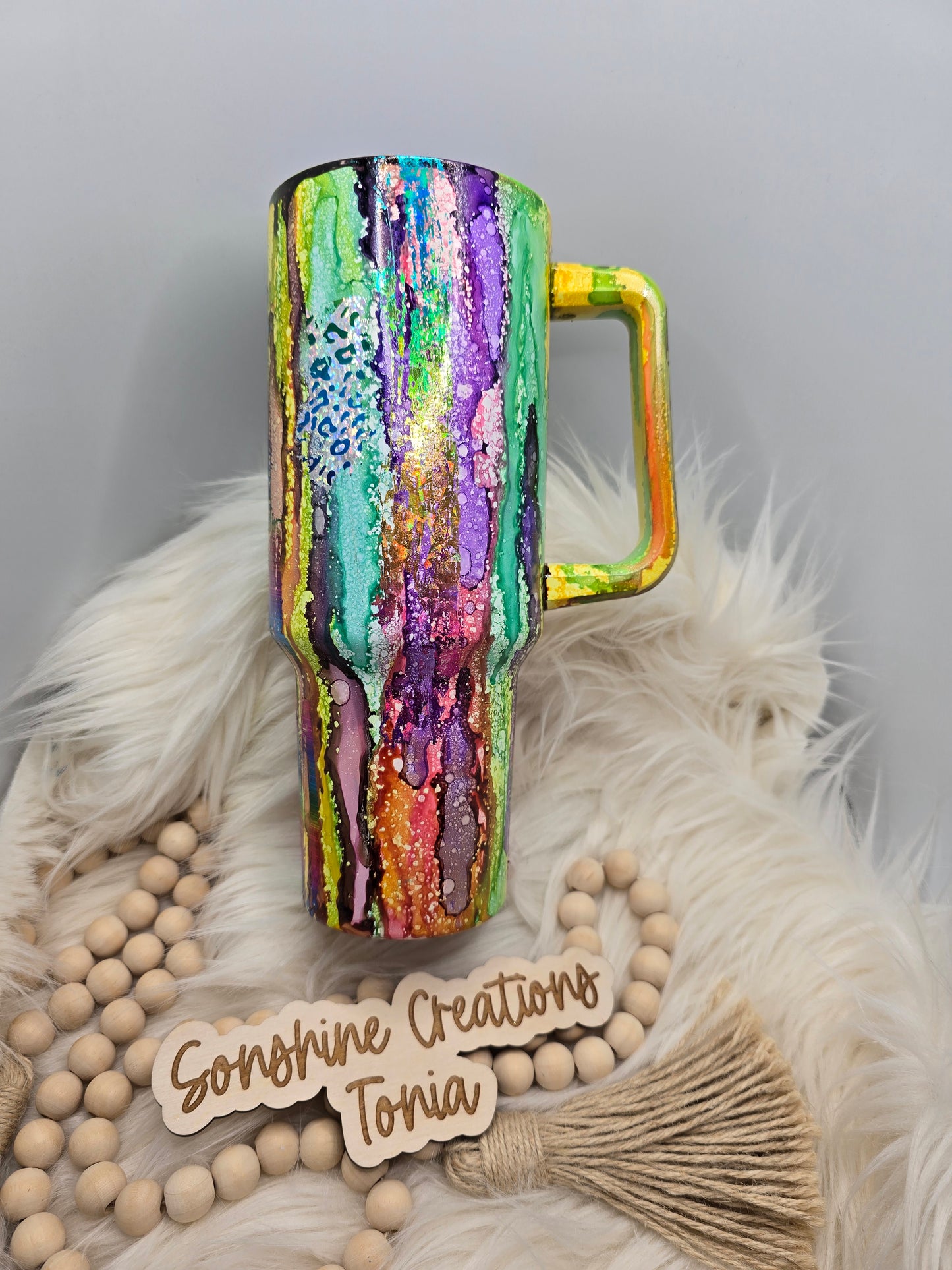 Birthday Drop 06/06/2025 -40oz Handle- Pastel Rustic Raindrop, Rainbow foils