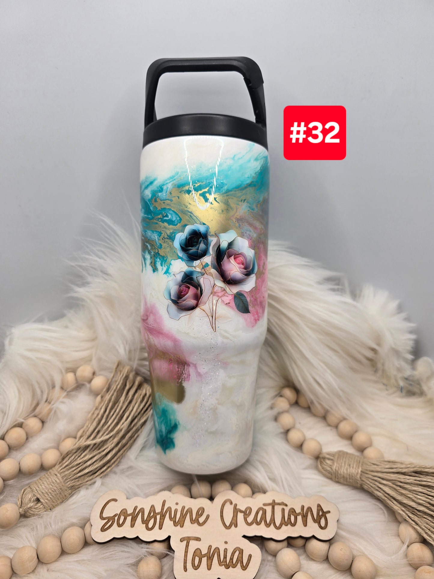 #32 Live Sale 3/15/2026 - 30oz Clipmate- Teal pink suspended marble with flowers