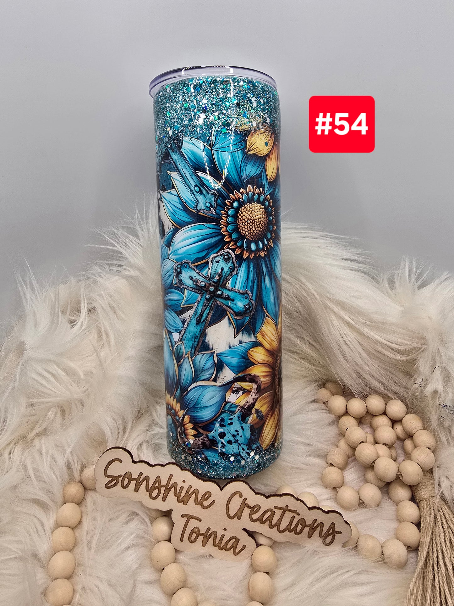 #54--Live Sale 12/07/2025 - 30oz Skinny- Teal sunflowers & crosses vinyl wrap