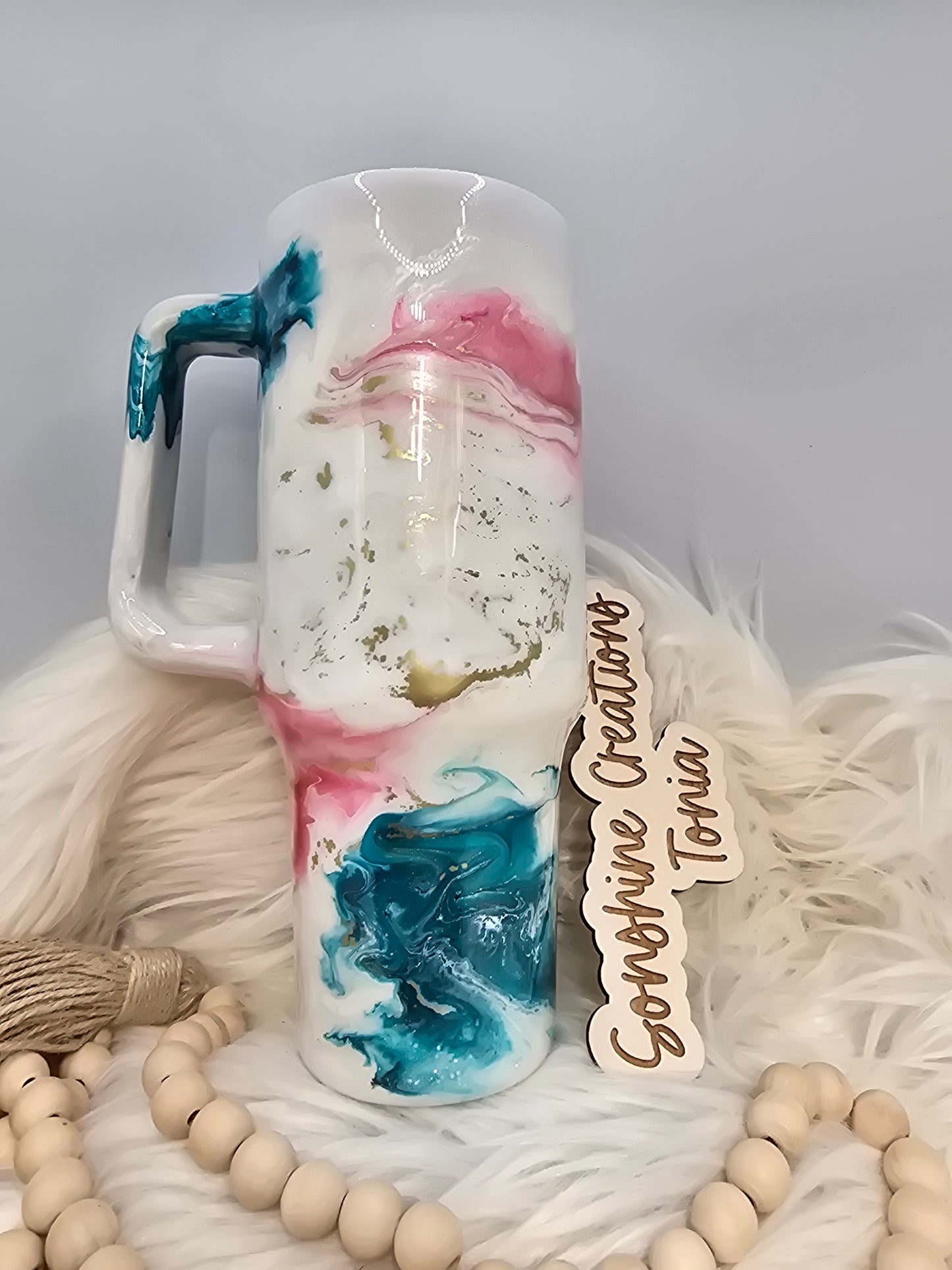 40oz Handle- Teal pink Elegance