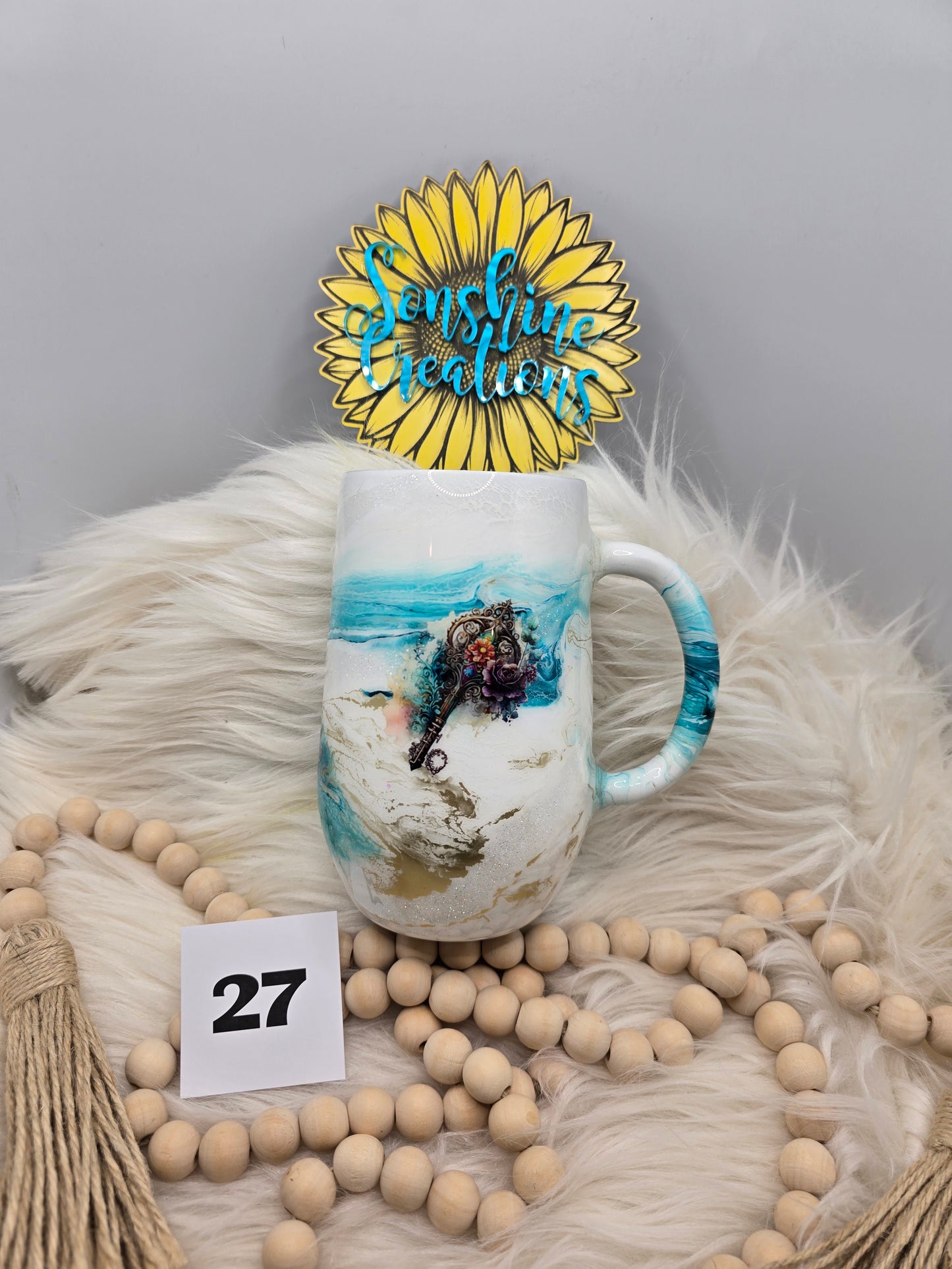 #27 - 16oz Coffee mug- Teal Elegance- Dragonfly clock and key