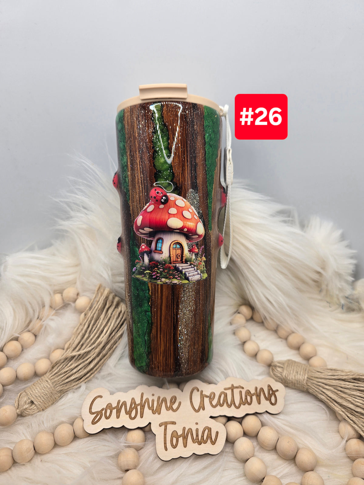 #26 Live Sale 3/15/2026 - 24oz Dual Slip with tan lid- Woodgrain with green pebbles Mushroom and ladybugs