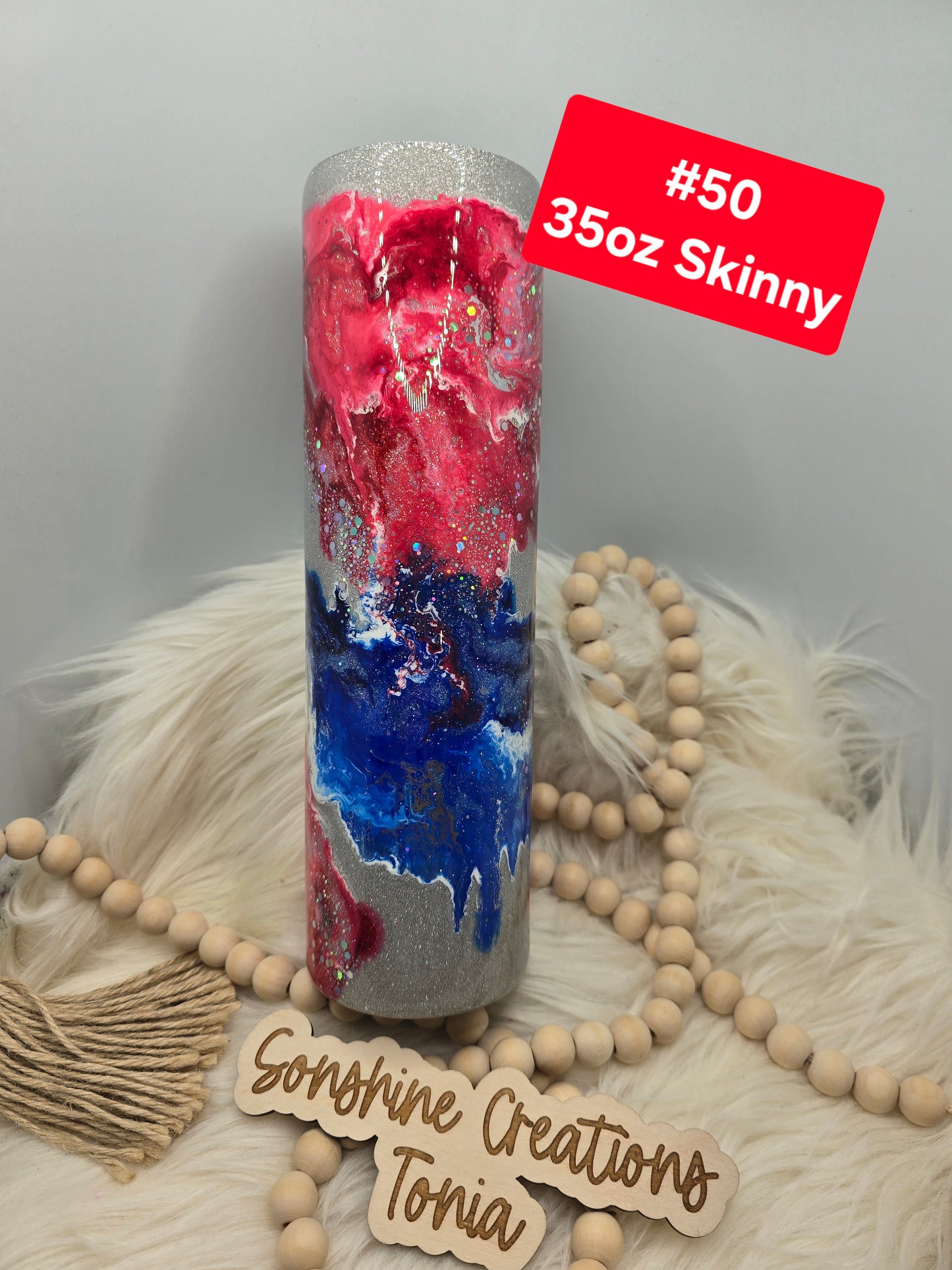 #50 Tonia's Live Creations : 35oz Skinny- Red white blue clouds- God bless America cow