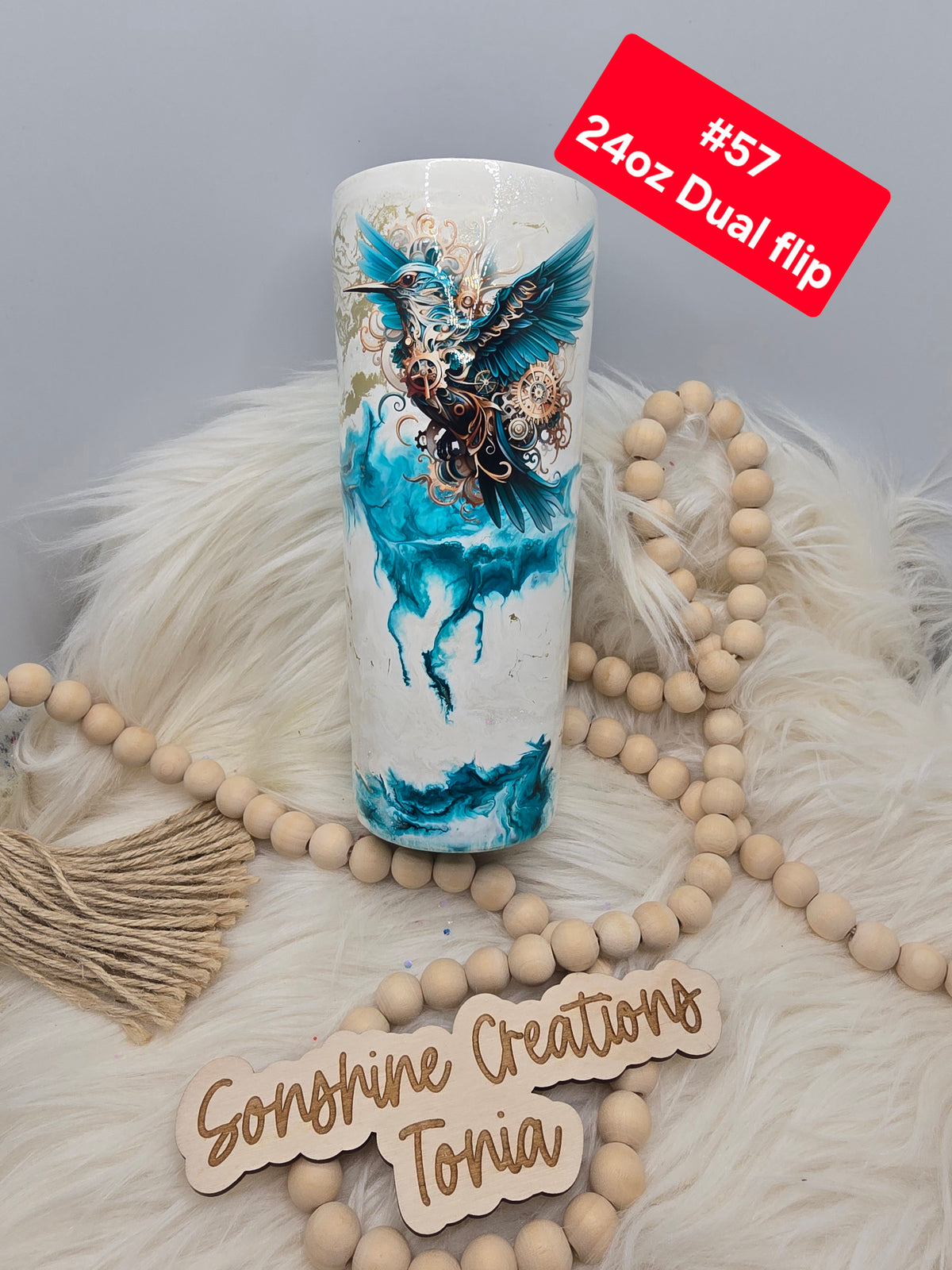 #57 Tonia's Live Creations : 24oz Dual Flip- Teal elegance- Hummingbird