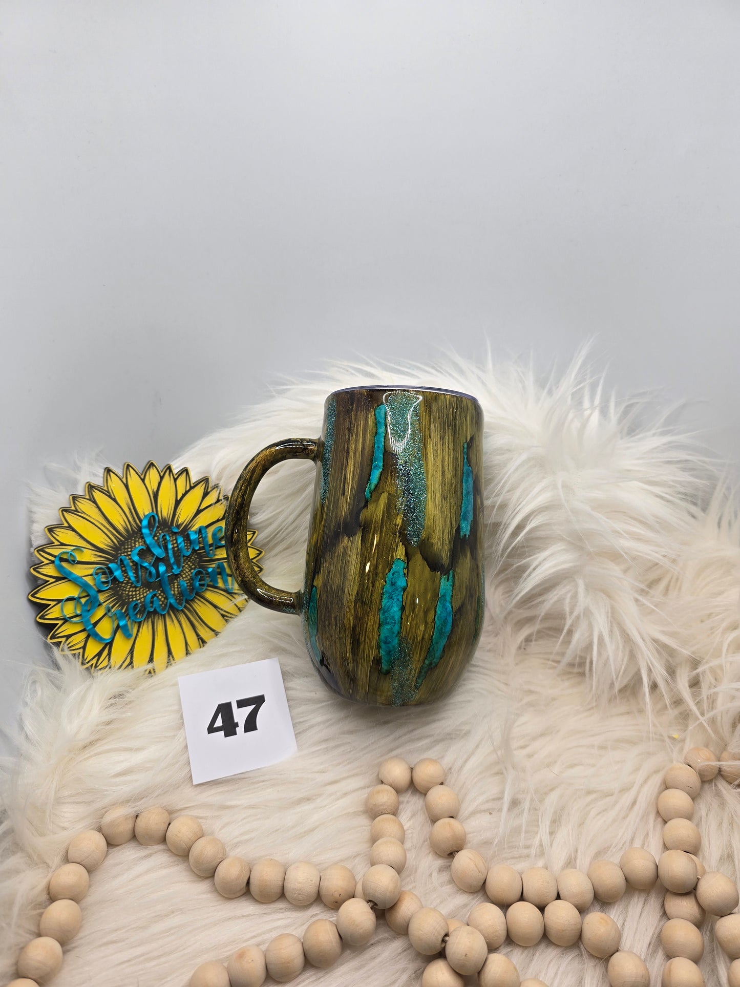 #47 - 16oz Coffee Mug - Teal Pebble Woodgrain with Cow Skull