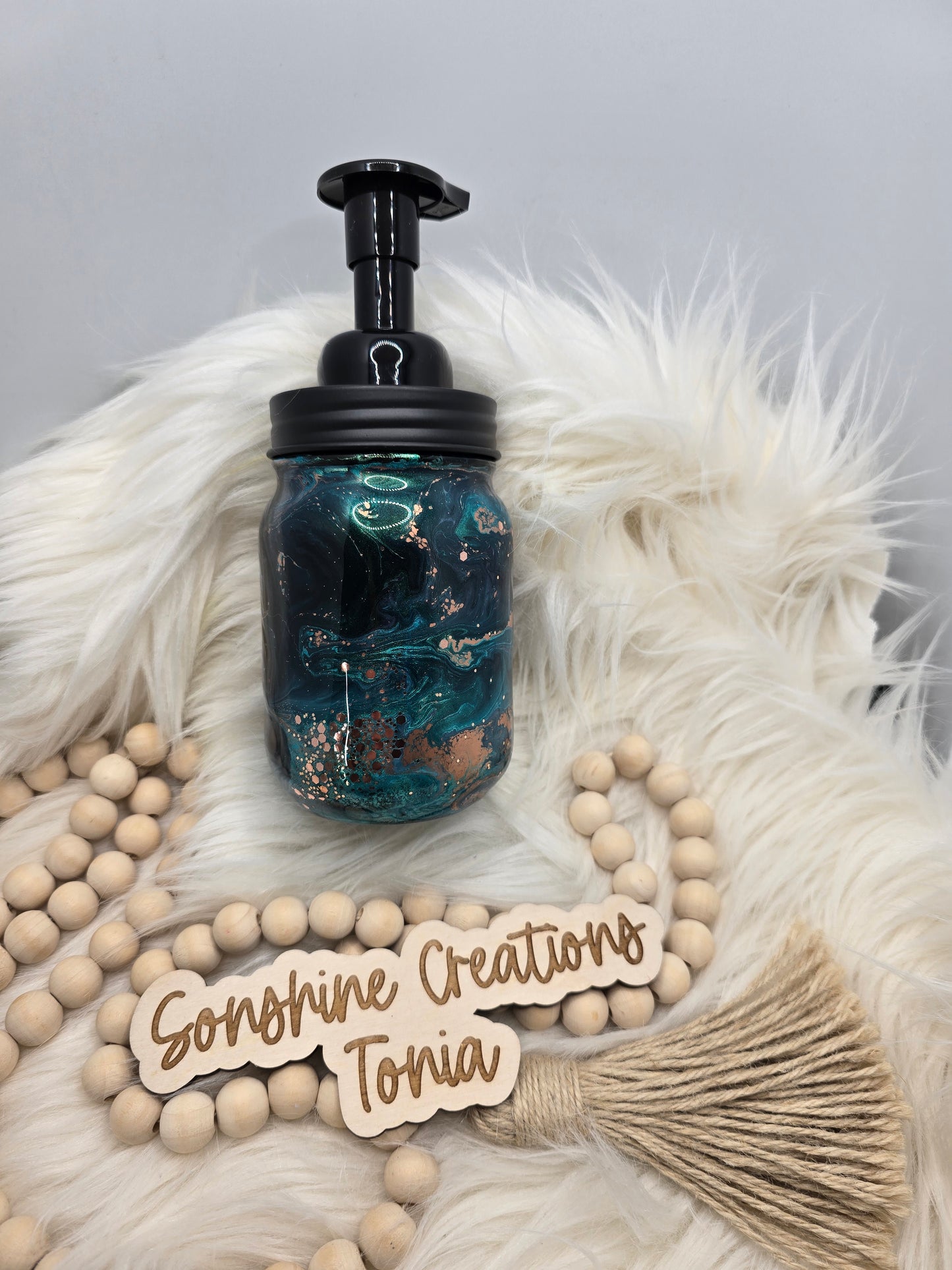 Birthday Drop 06/06/2025 -16oz Mason Jar Soap Dispenser: Caribbean storm with copper