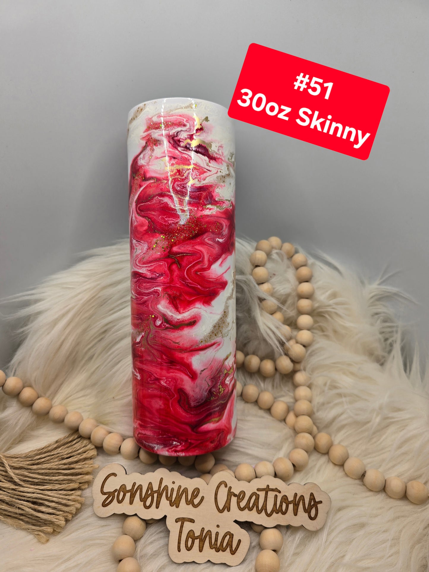 #51 Tonia's Live Creations : 30oz Skinny- Skull rose tattoo- Red swirl