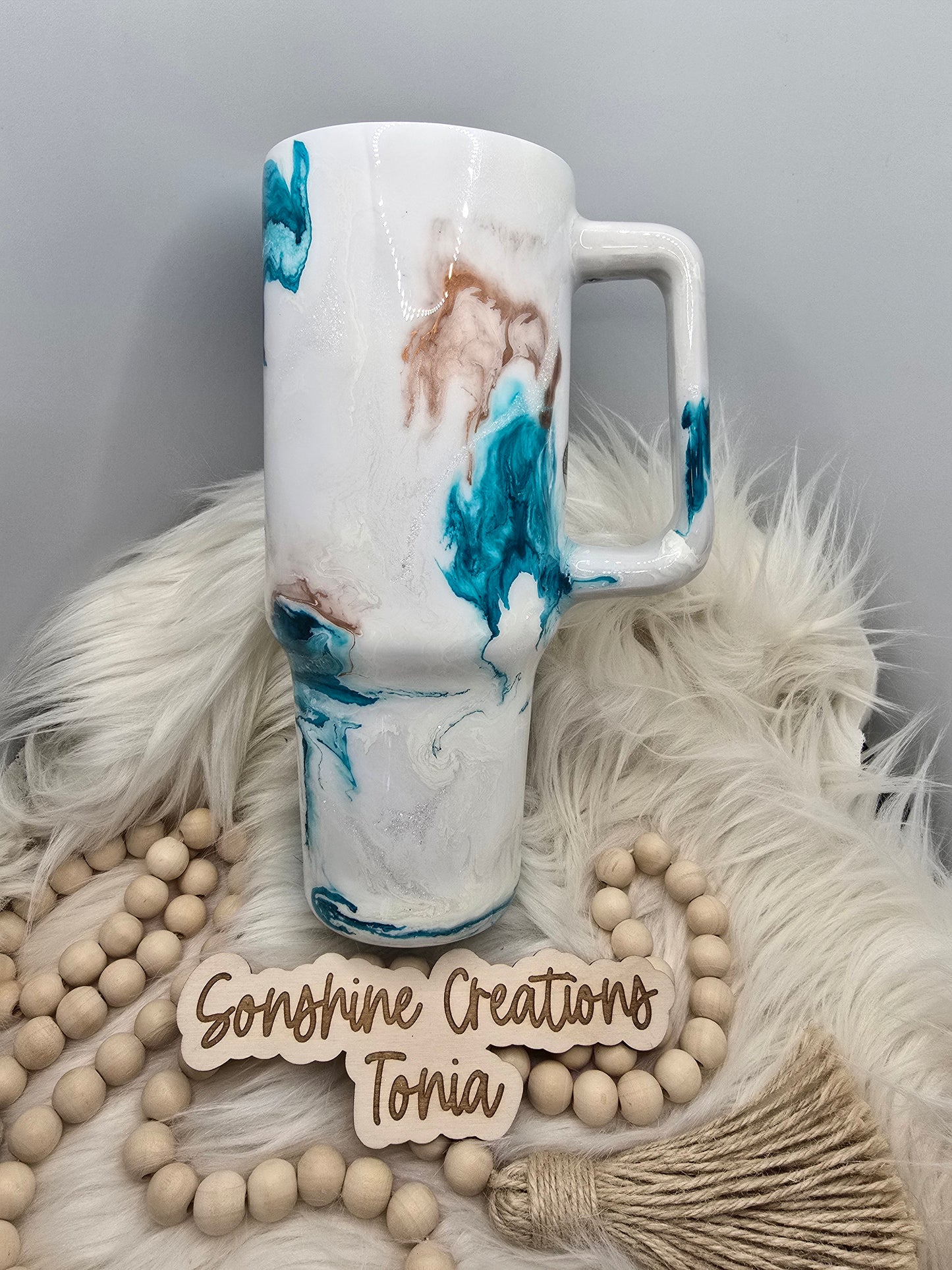 Birthday Drop 06/06/2025 -40oz Handle- Teal Copper Elegance, Stained glass Dragonfly