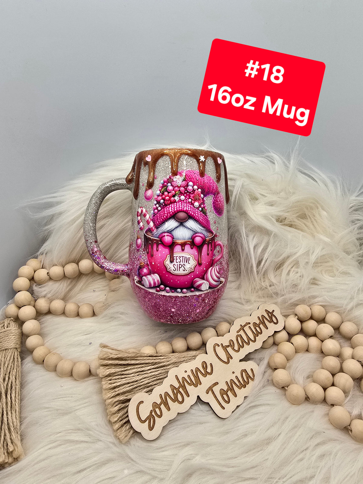 #18 Tonia's Live Creations - 16oz coffee mug- Pink gnome sensitive sips cocoa drip