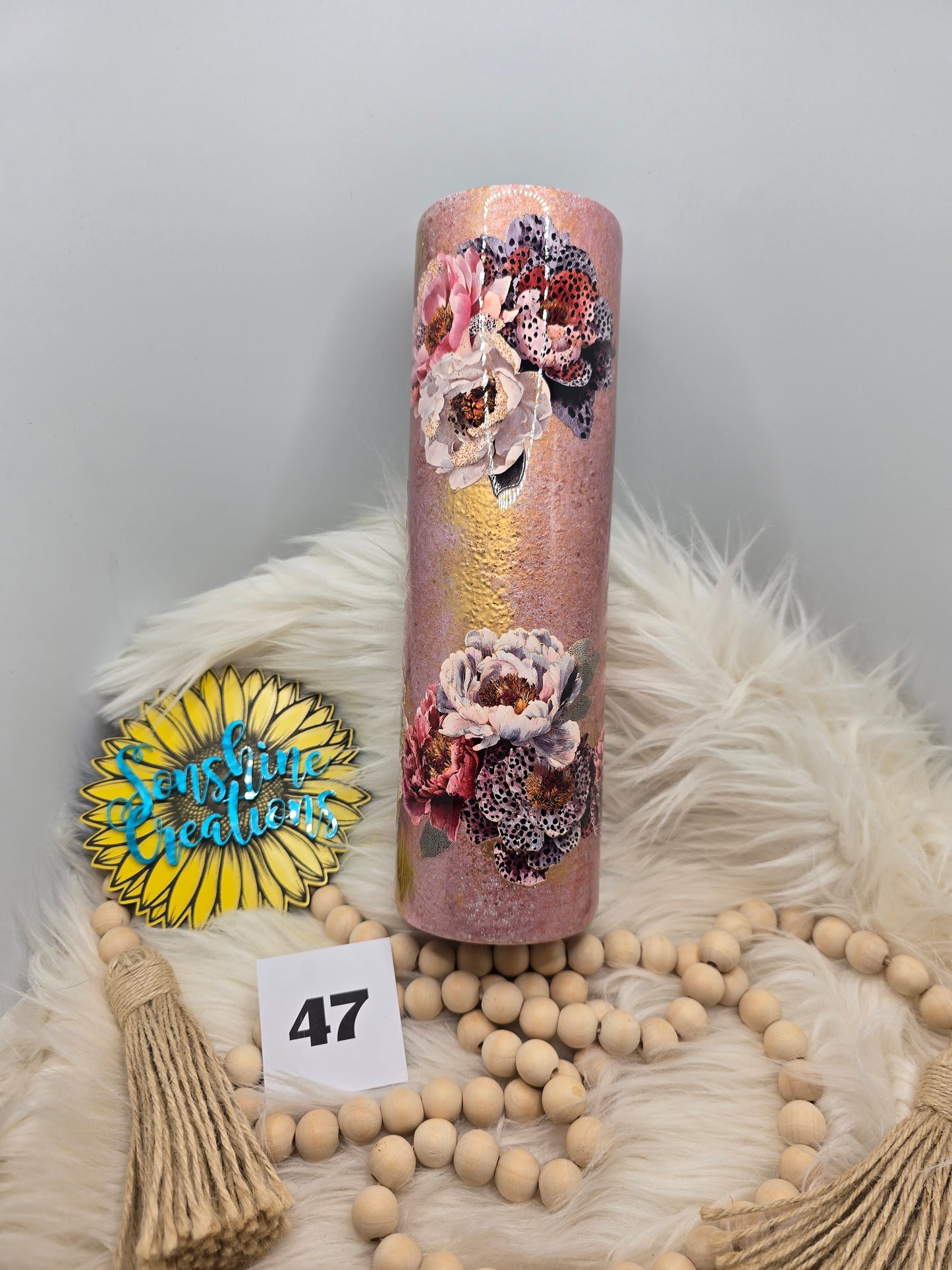 #47- 35oz Skinny- Pink gold patina- "You are braver than you think" Floral