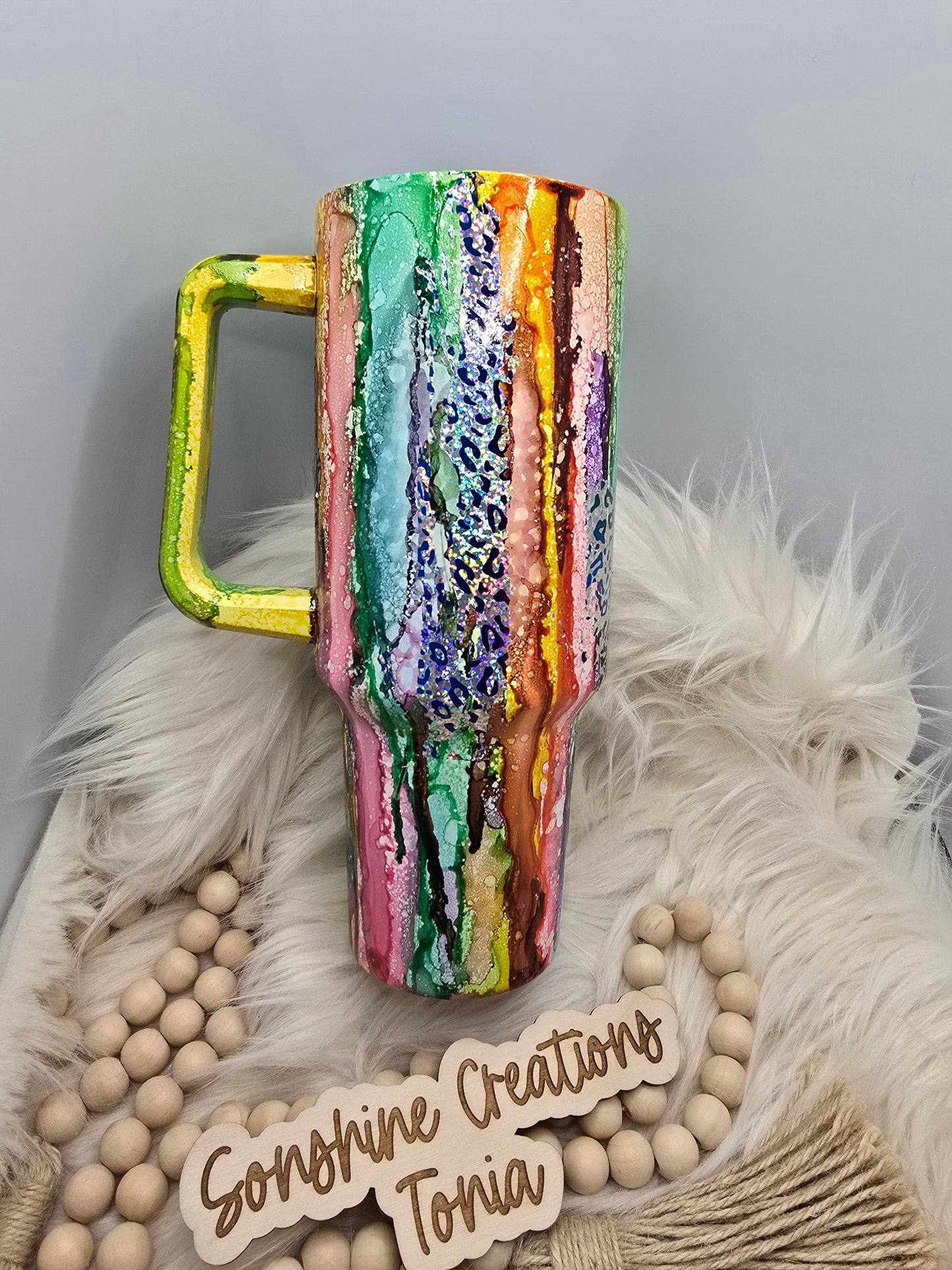 Birthday Drop 06/06/2025 -40oz Handle- Pastel Rustic Raindrop, Rainbow foils