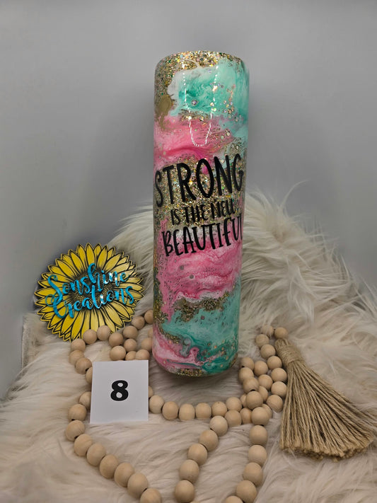 #8 - 35oz Skinny - Teal & Pink Ink Swirl with Glitter - Quote
