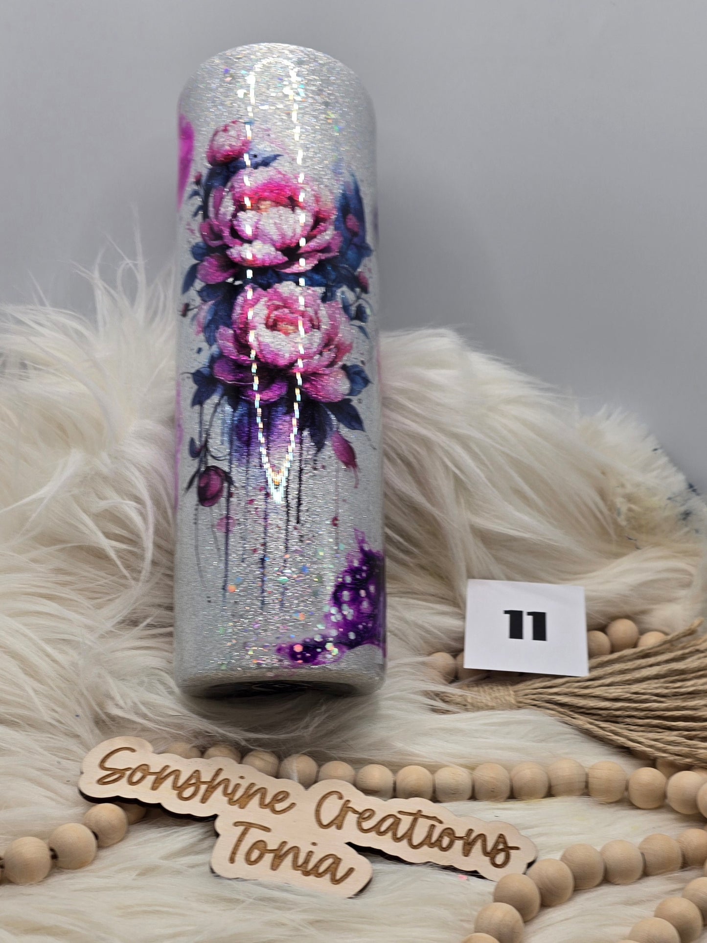 #11 Live Sale 5/31/2026 - 30oz Skinny- Floral tattoo on glitter base- Pink purple