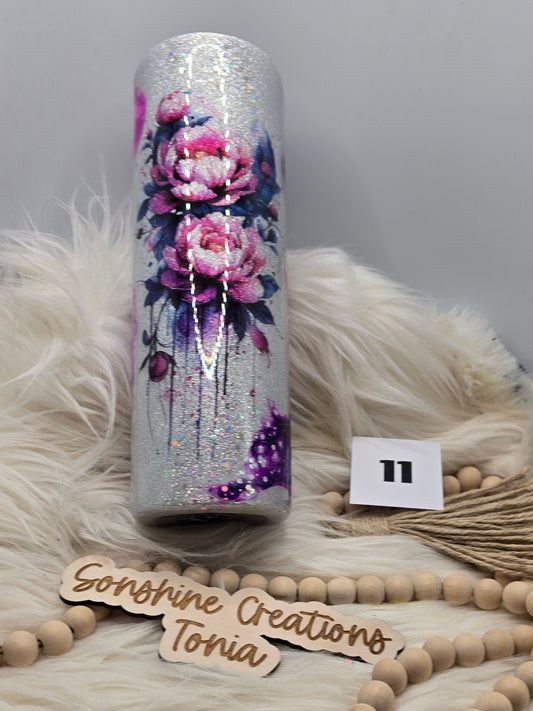 #11 Live Sale 5/31/2026 - 30oz Skinny- Floral tattoo on glitter base- Pink purple