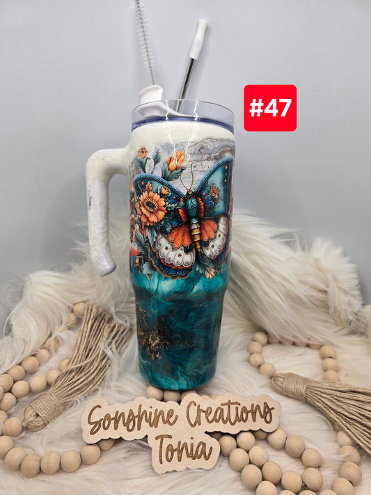 #47 Live Sale 3/15/2026 - 30oz Grippy- Teal white marble- Orange teal butterfly