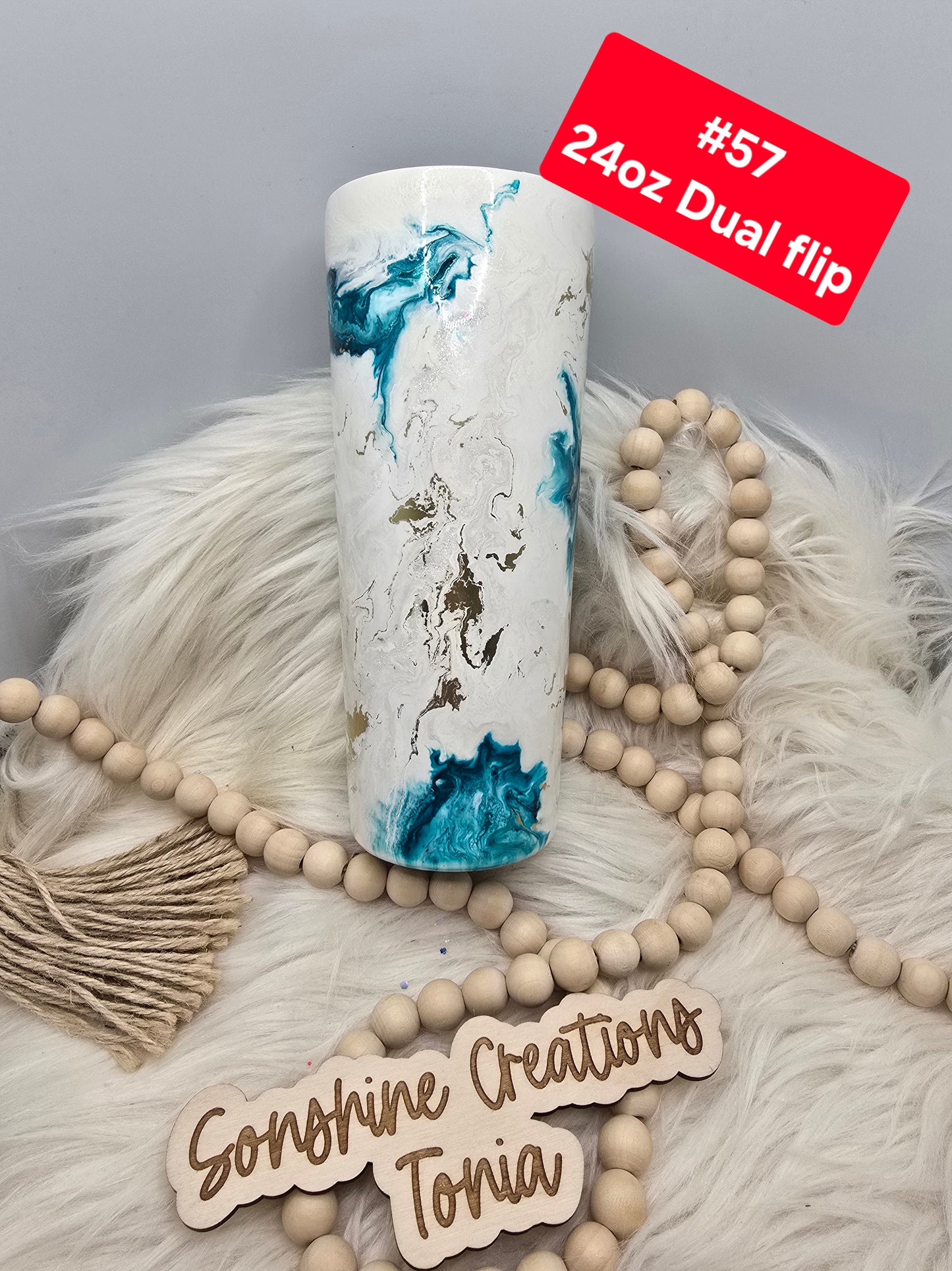 #57 Tonia's Live Creations : 24oz Dual Flip- Teal elegance- Hummingbird