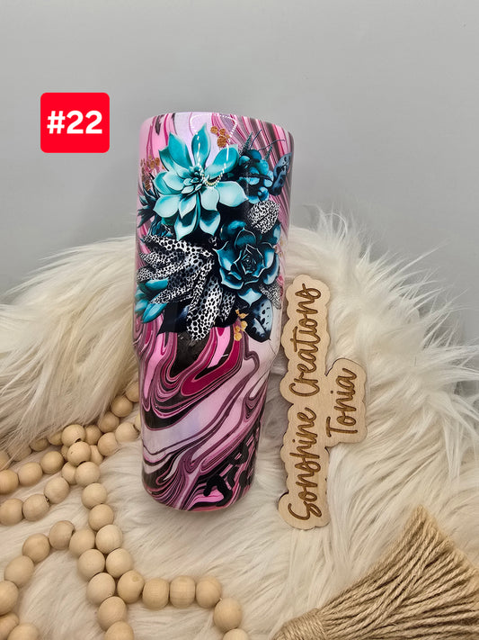 LIVE SALE 5/042025 - #22- 30oz Clip mate: opal hydro dip Teal flowers