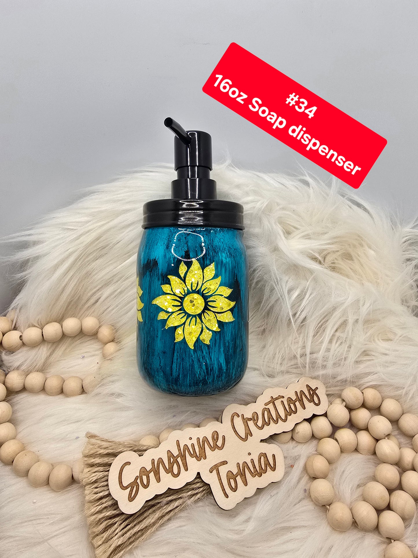 #34 Tonia's Live Creations : 16oz soap dispenser- Sunflower teal woodgrain peakaboo "Just Breathe"