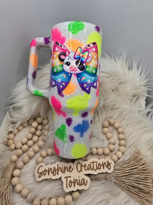 Birthday Drop 06/06/2025 -40oz Handle- Neon glitter cow spots, Cow bow