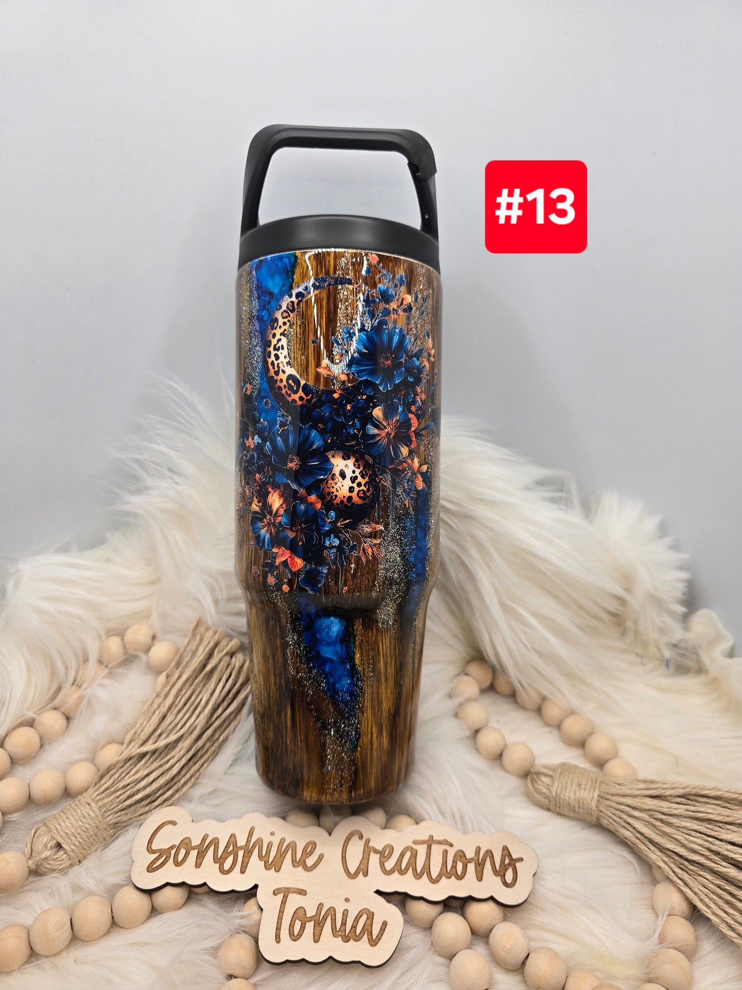 #13  Live Sale 3/15/2026 - 30oz Clipmate- Woodgrain, blue pebbles- Blue floral moon