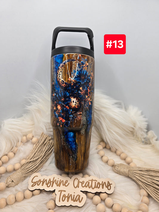#13  Live Sale 3/15/2026 - 30oz Clipmate- Woodgrain, blue pebbles- Blue floral moon