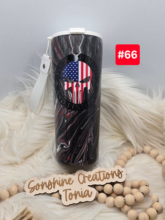 #66 Live Sale 2/01/2026 - 24oz Dual Flip- Black woodgrain hydrodipped- F around find out punisher American flag skull