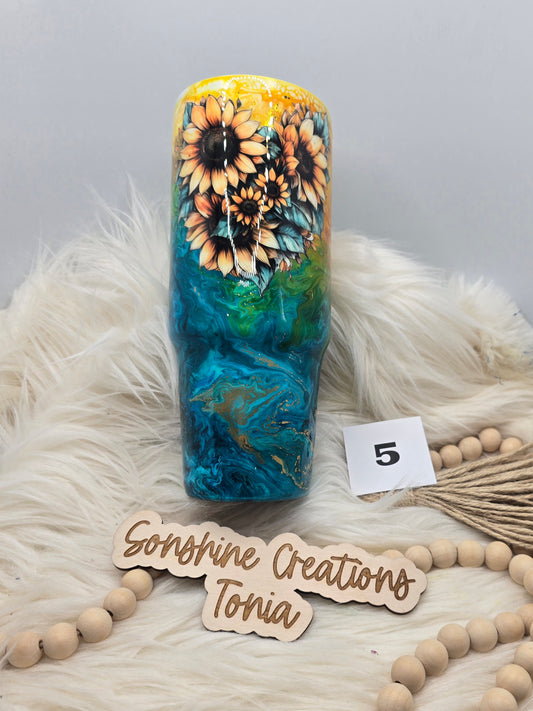 #5 Live Sale 5/31/2026 - 30oz Clipmate- Half & Half Teal Yellow Sunflower heart