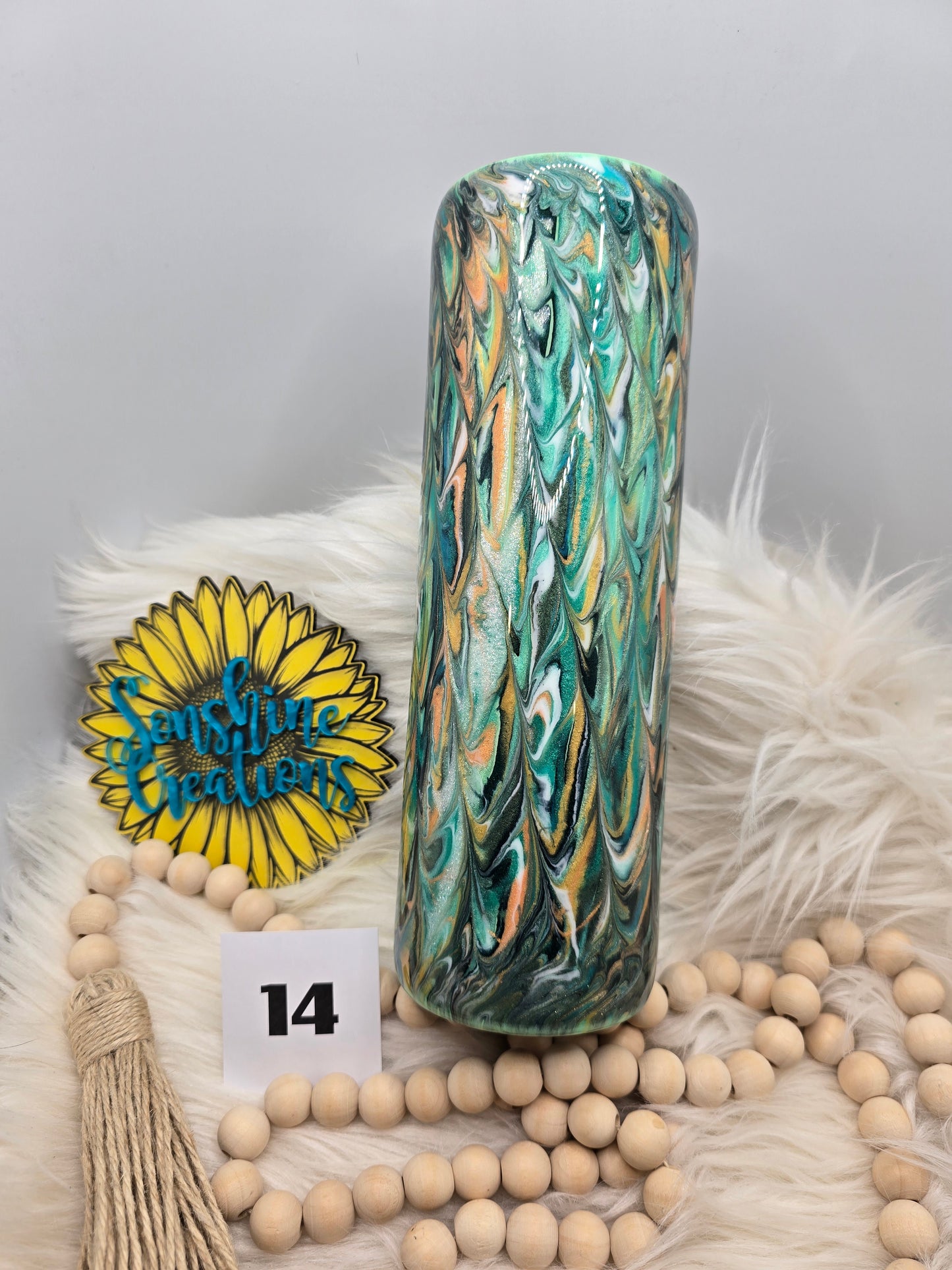 #14 - 30oz Skinny- Peacock technique w/ glow-Sunflower skull