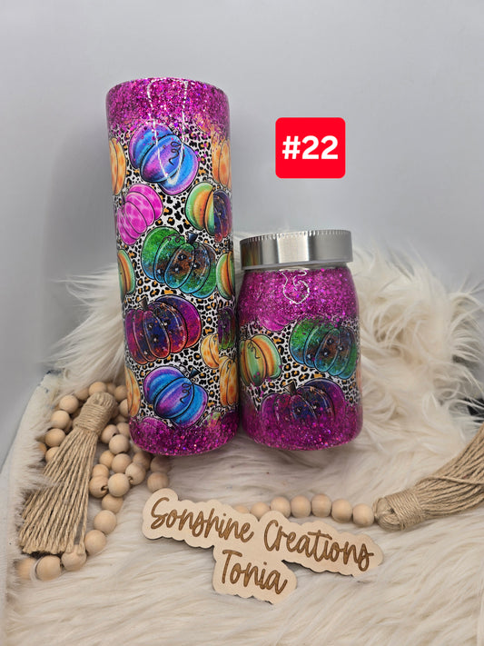 #22- Live Sale 09/14/2025 - 30 oz. Skinny & 12 oz. Mason Jar: Neon Pumpkins Mommy & Me Set