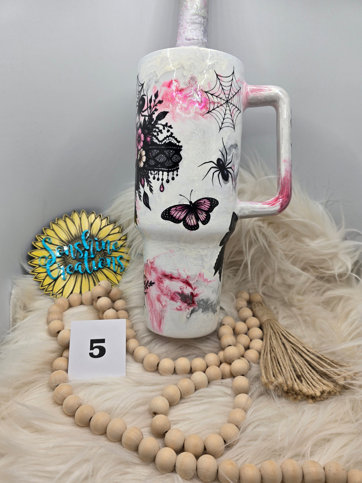 #5 - 40oz Handle - Pink Ink Swirl - Spiderweb Bow