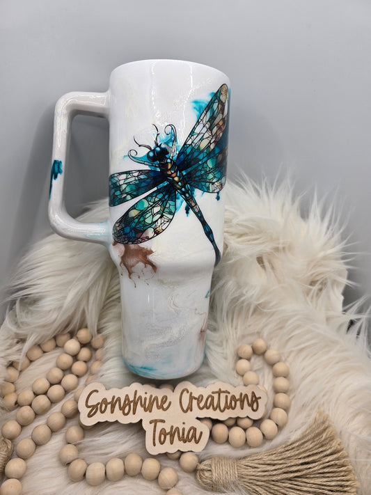 Birthday Drop 06/06/2025 -40oz Handle- Teal Copper Elegance, Stained glass Dragonfly