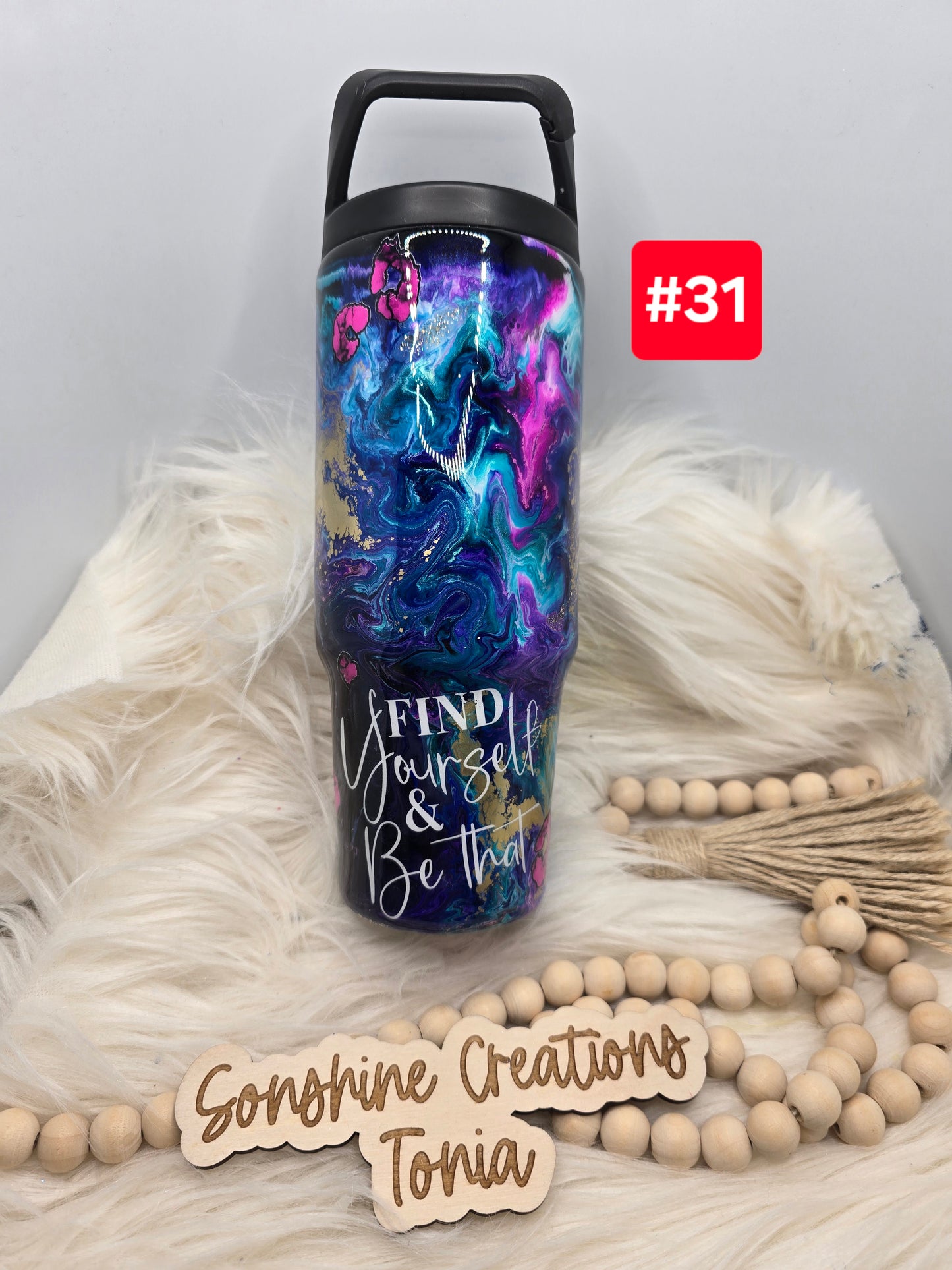 #31 Live Sale 5/03/2026 - 30oz Clipmate-  Teal, purple, pink ink swirl- "Find yourself & be that"