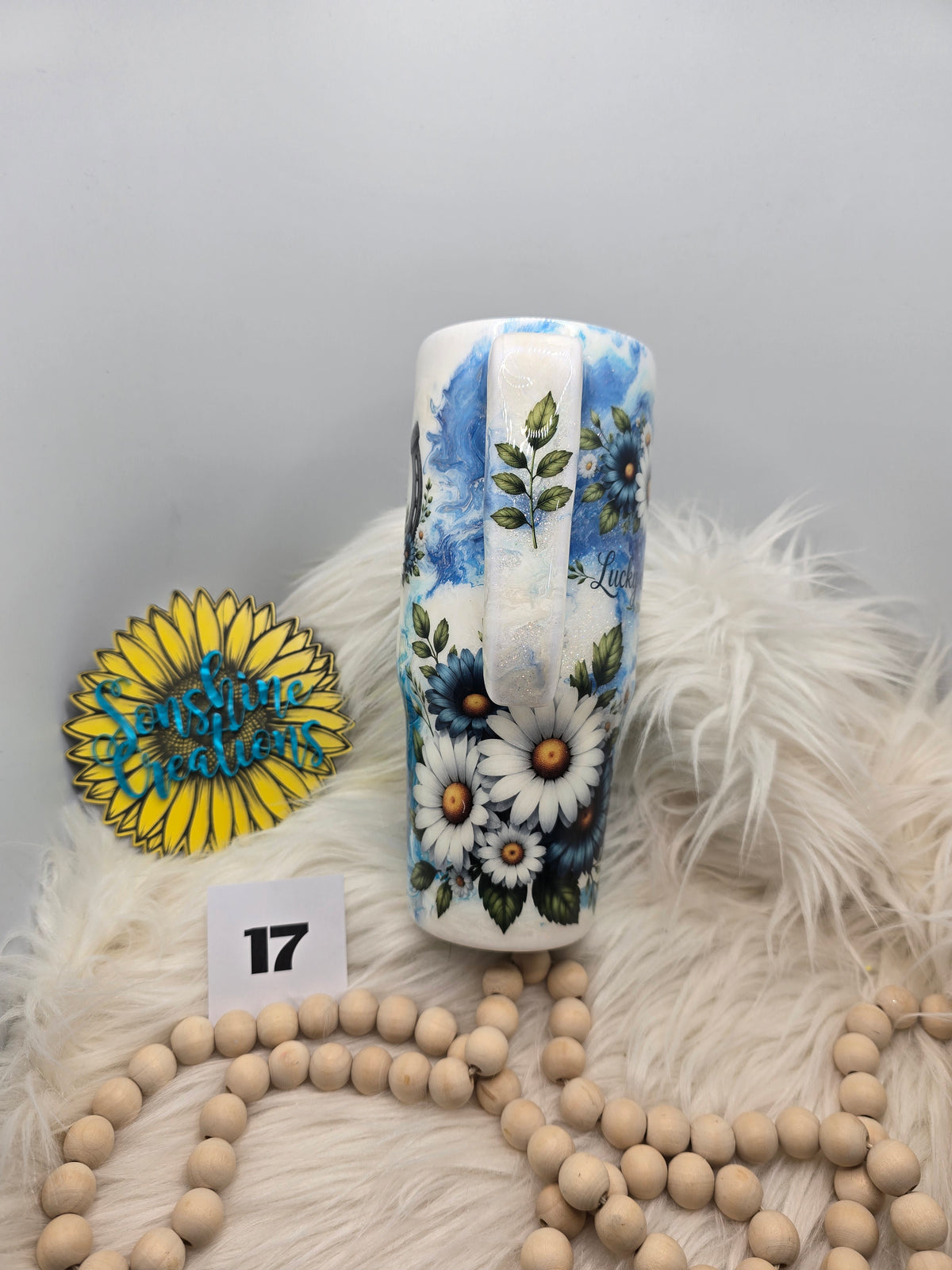 #17 - 30oz Grippy - Blue Marble with Daises and Lucky & Blooming quote