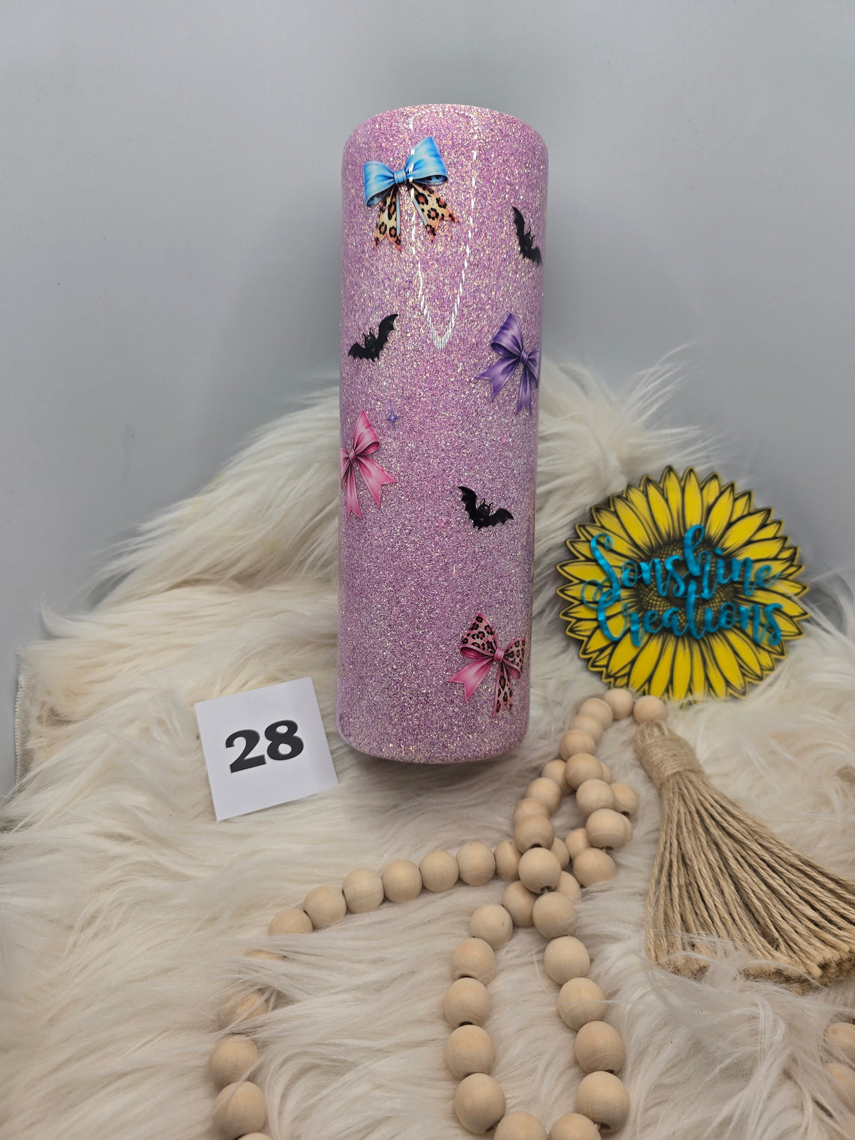 #28 - 30oz Skinny - Leopard Ghost & Bows - Pink Glitter