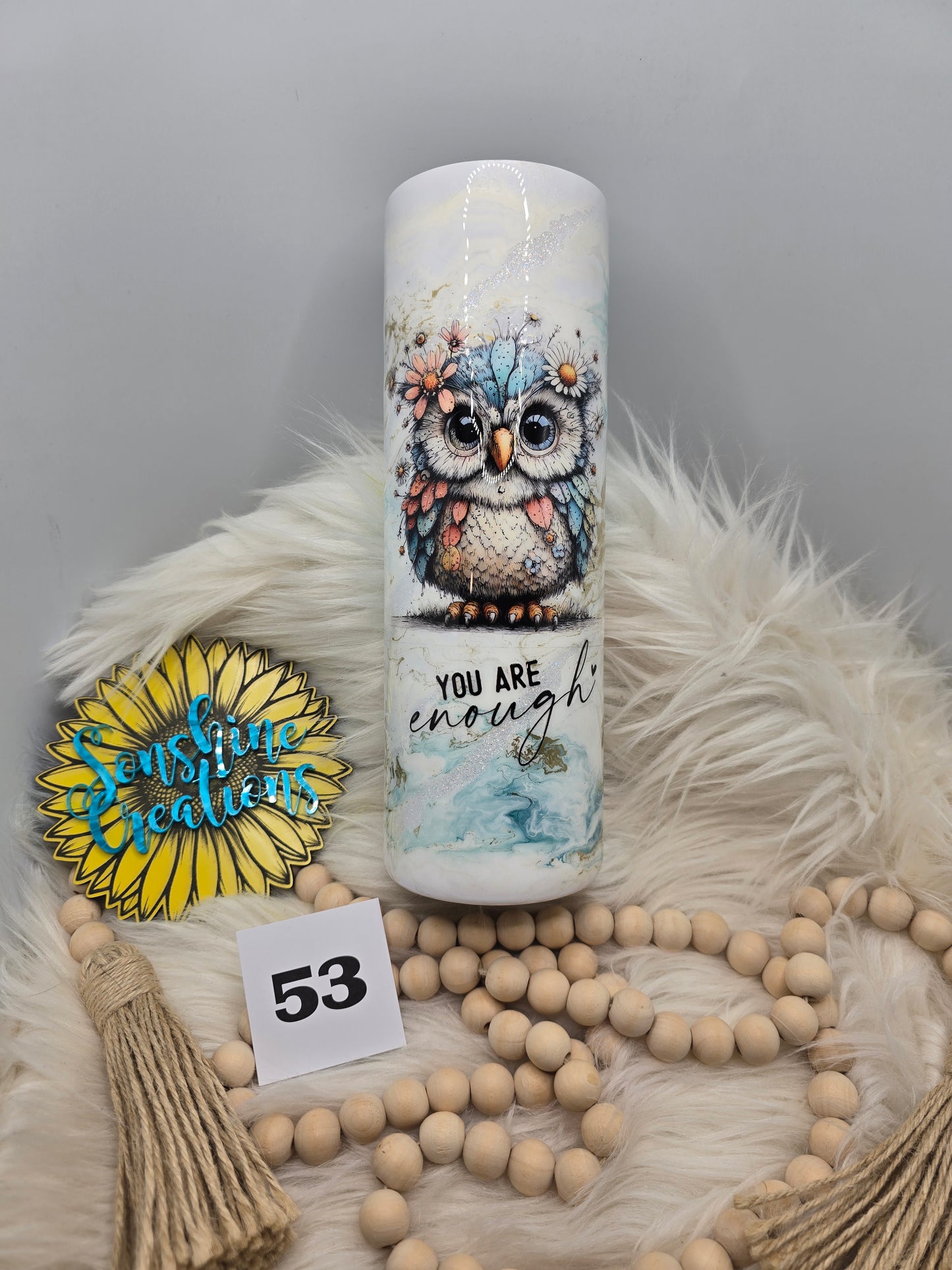 #53- 30oz skinny- Blue elegance- Owl "You are enough"